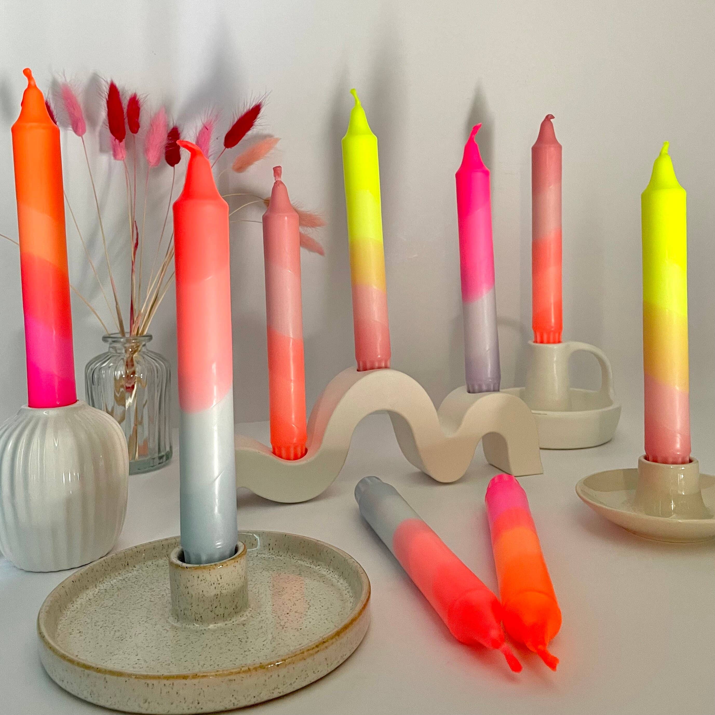 Sherbert Pink and Neon Coral Dip Dyed Dinner Candles