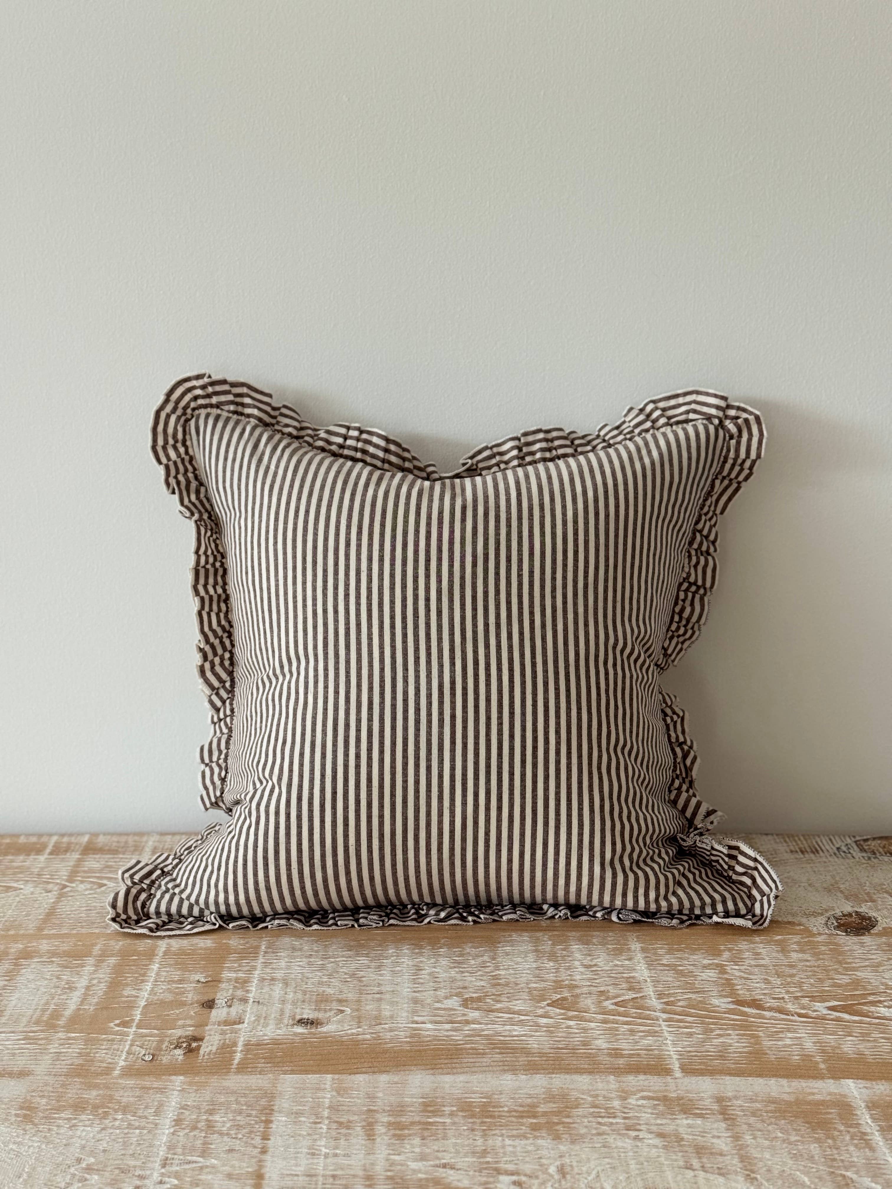Darcy Ruffle Cotton Cushion 45x45 - Dark Brown Stripe