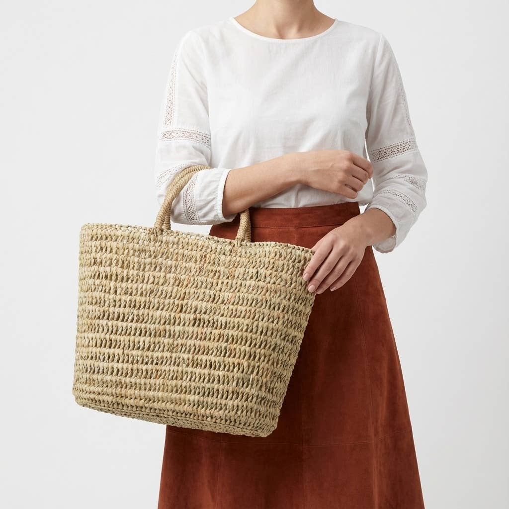 Natural Woven Straw Market Basket - Boho Beach Tote Bag
