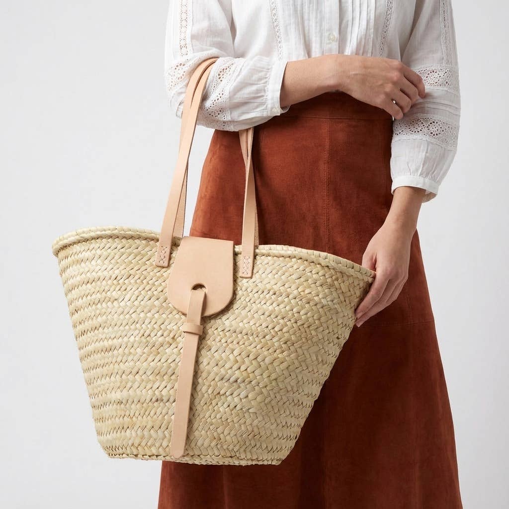 French Market Basket Straw Tote Bag - Leather Handles Summer