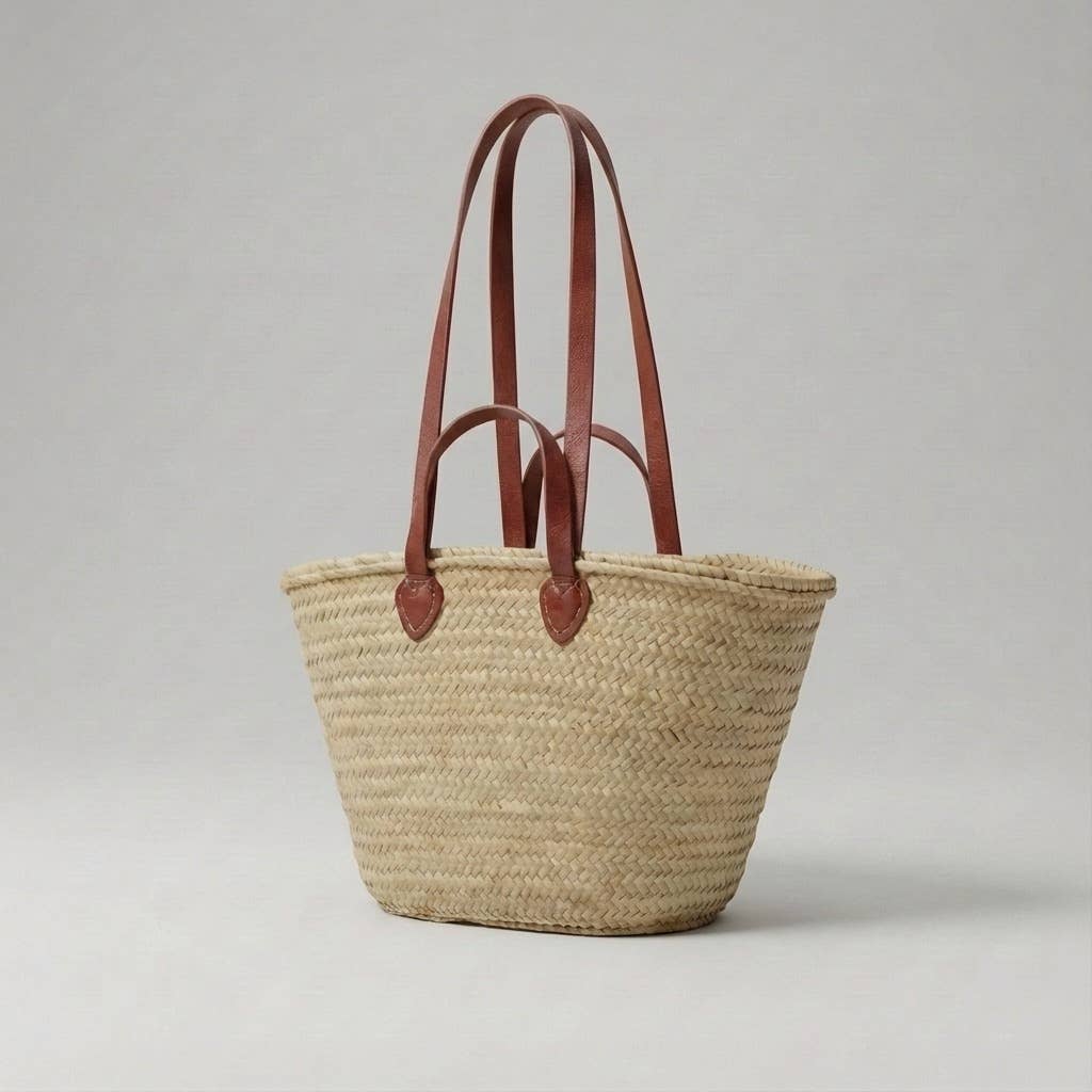 French Market Basket Straw Tote - Double Leather Handles