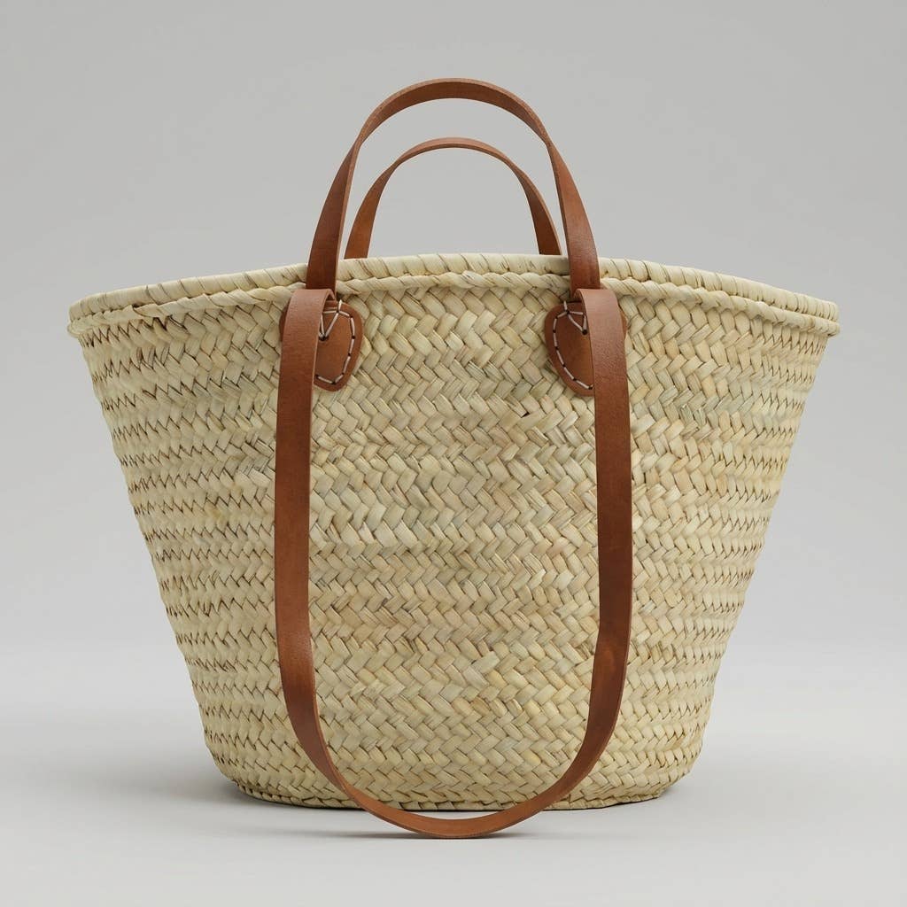 French Market Basket Straw Tote - Double Leather Handles