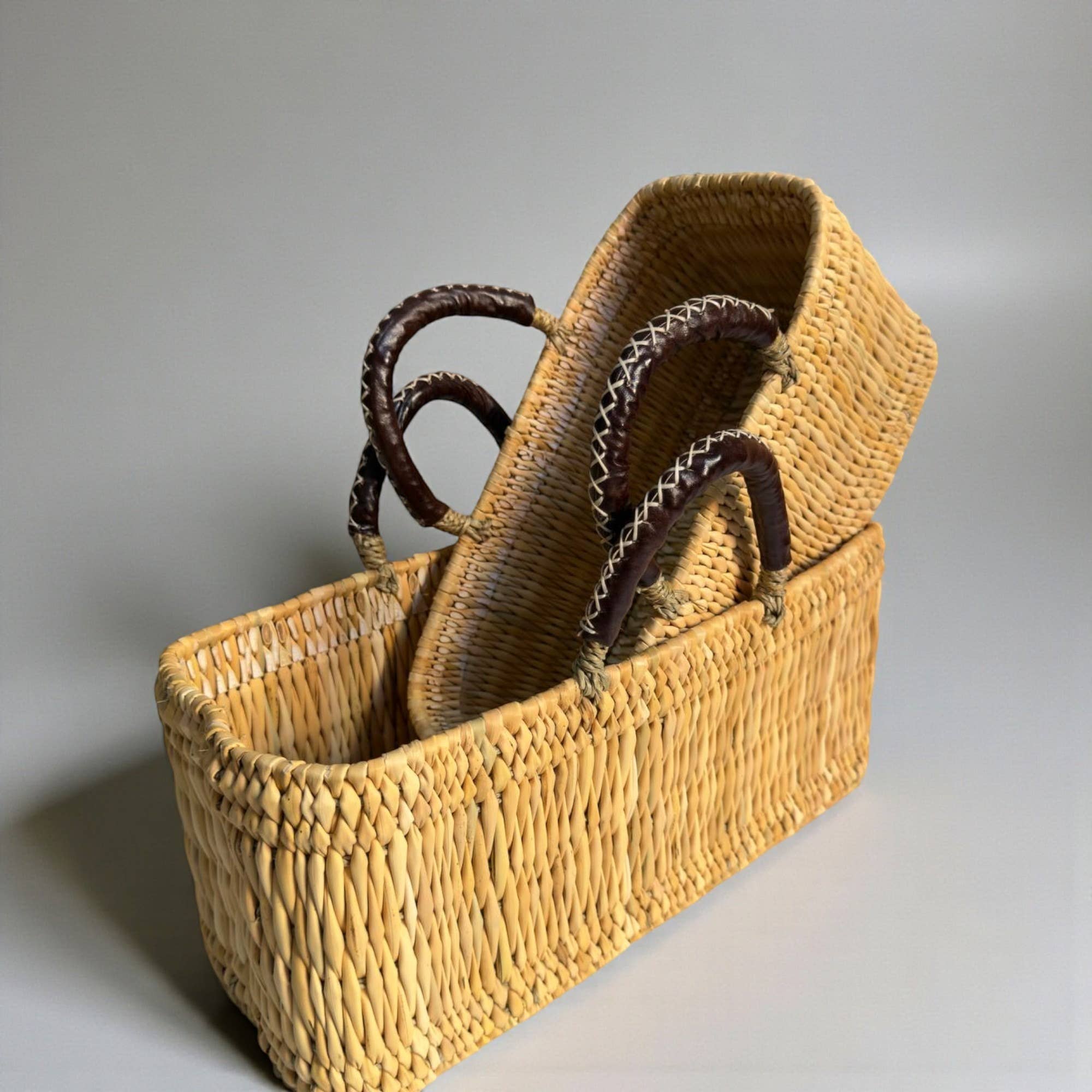 Woven Reed Market Basket - Leather Handle Tote Storage