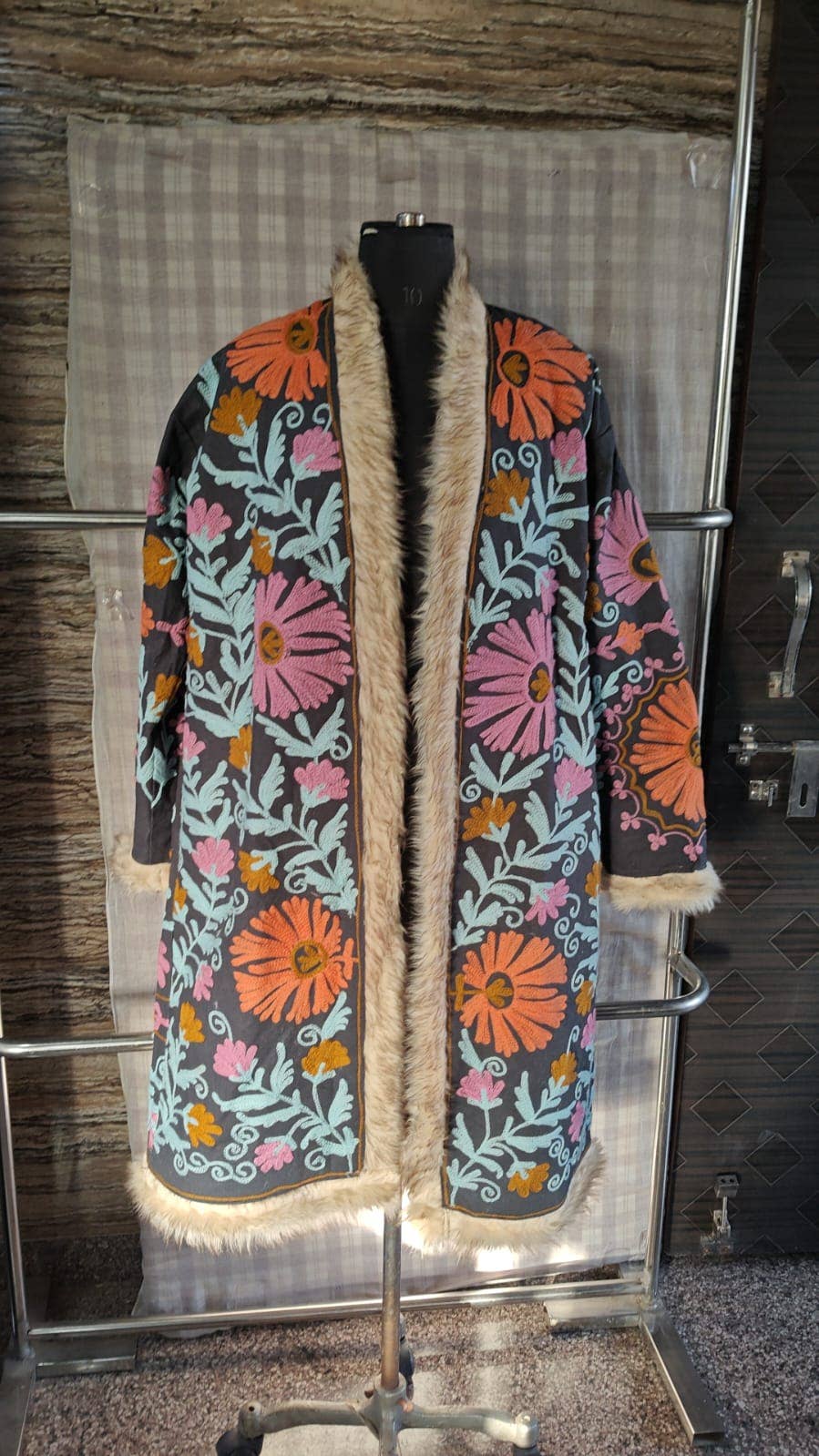 Suzani Embroidered LongCoat Velvet Fur Trim 70s Style Kimono
