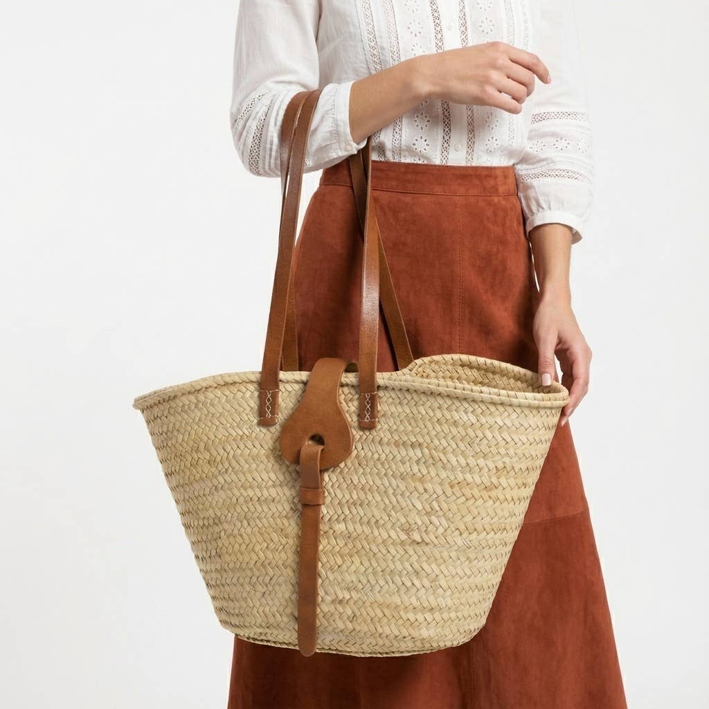 French Market Basket With Leather Strap/Fastener