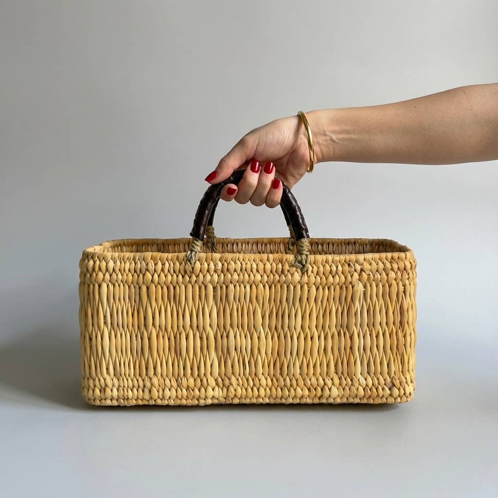 Woven Reed Market Basket - Leather Handle Tote Storage