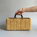 Woven Reed Market Basket - Leather Handle Tote Storage