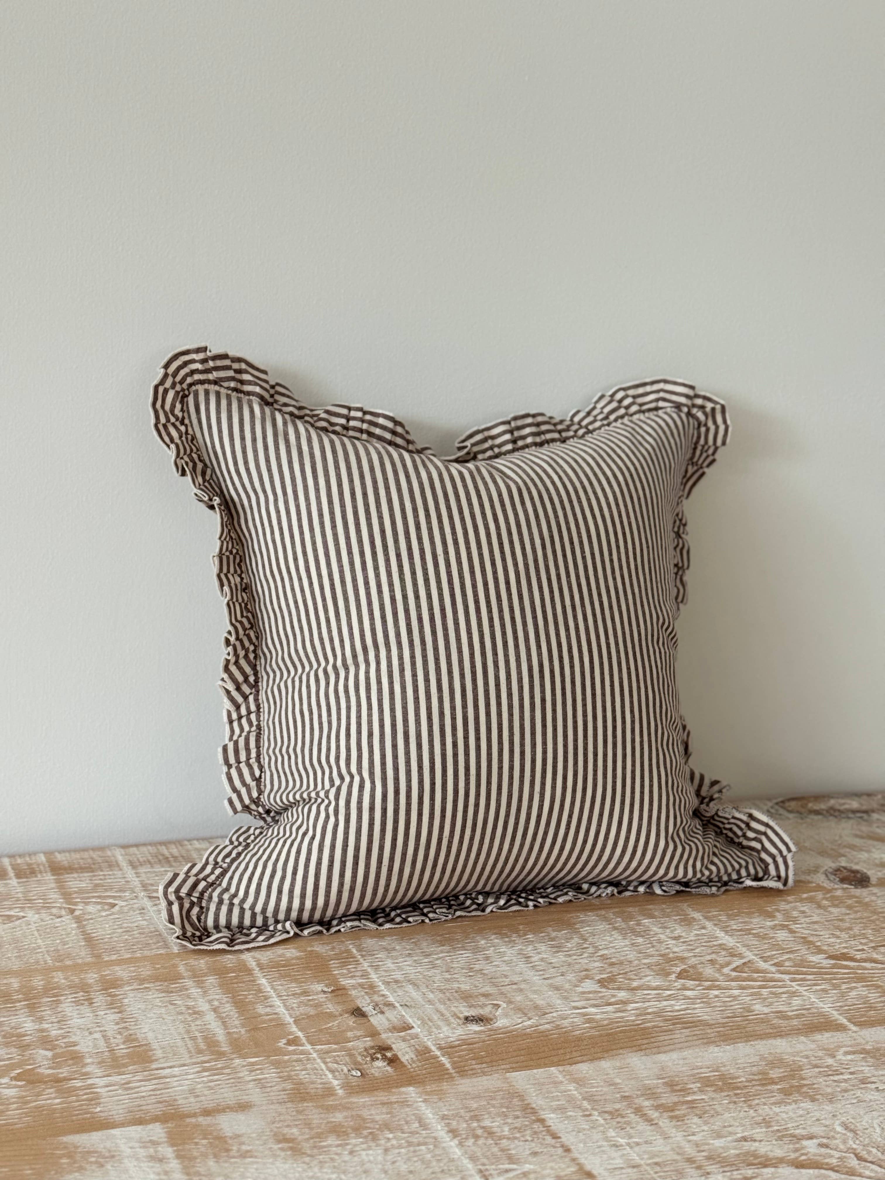 Darcy Ruffle Cotton Cushion 45x45 - Dark Brown Stripe