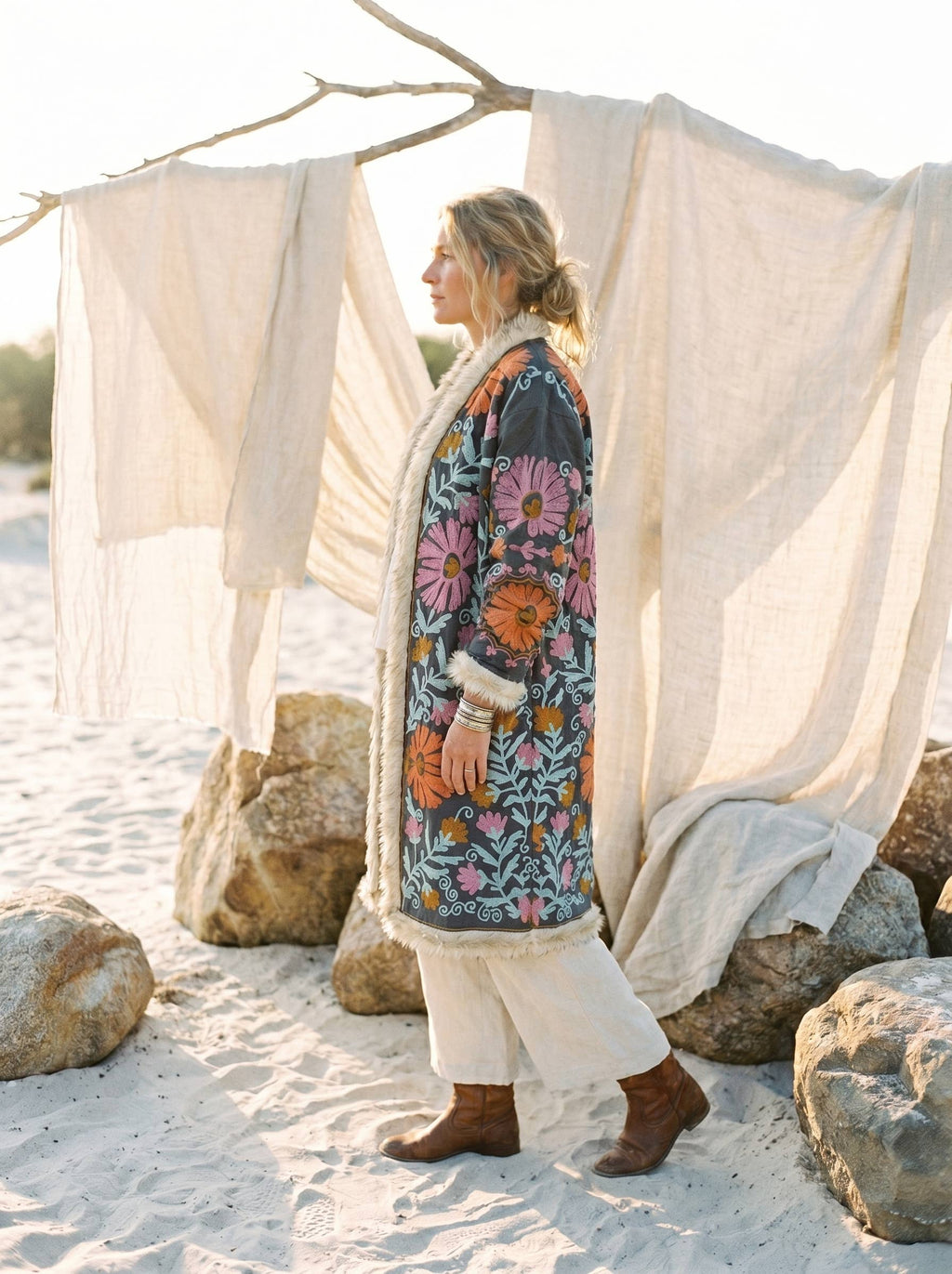 Suzani Embroidered LongCoat Velvet Fur Trim 70s Style Kimono