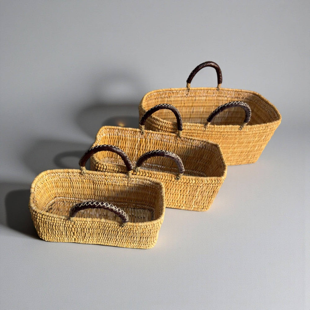 Woven Reed Market Basket - Leather Handle Tote Storage
