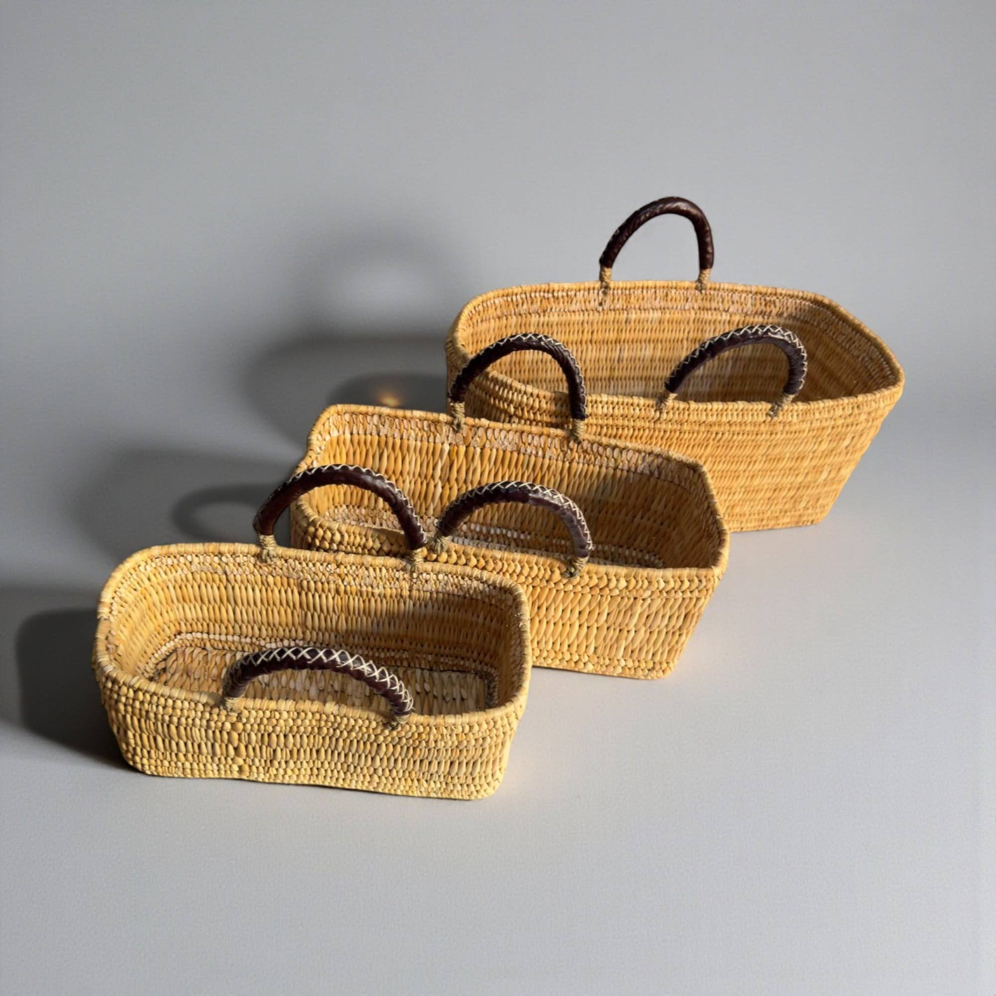 Woven Reed Market Basket - Leather Handle Tote Storage