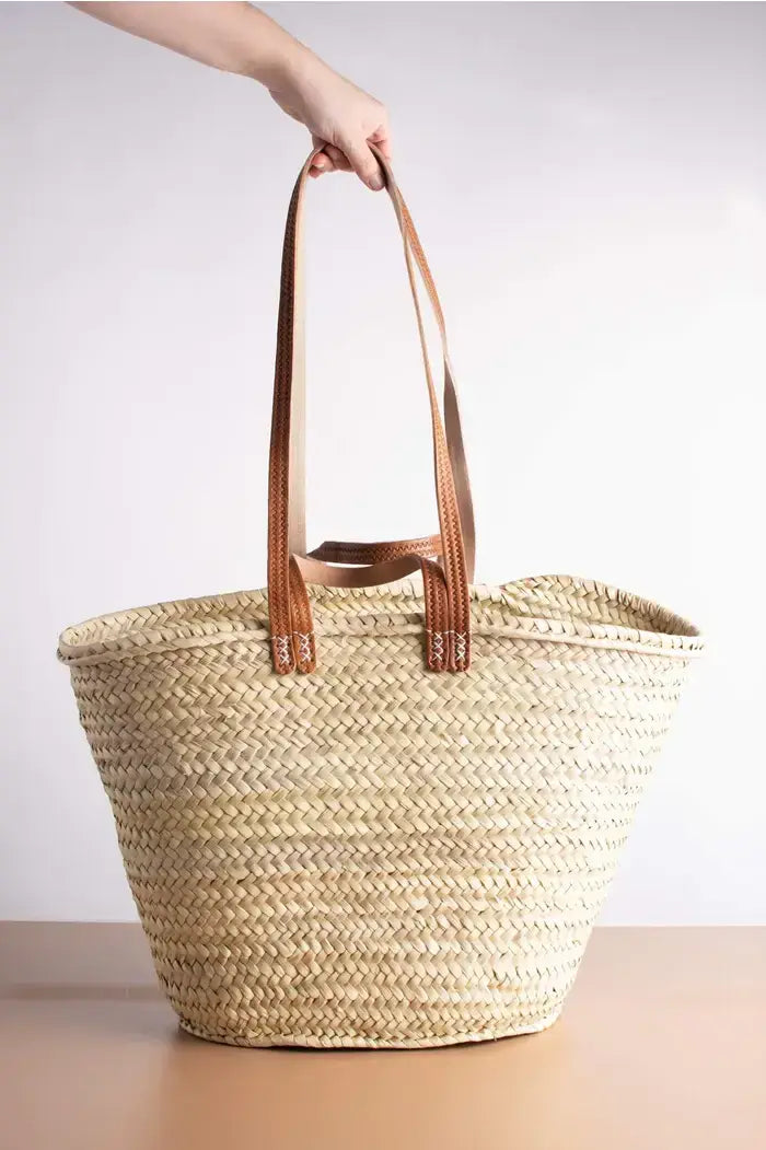 French Market Basket - Double Leather Strap Patterned