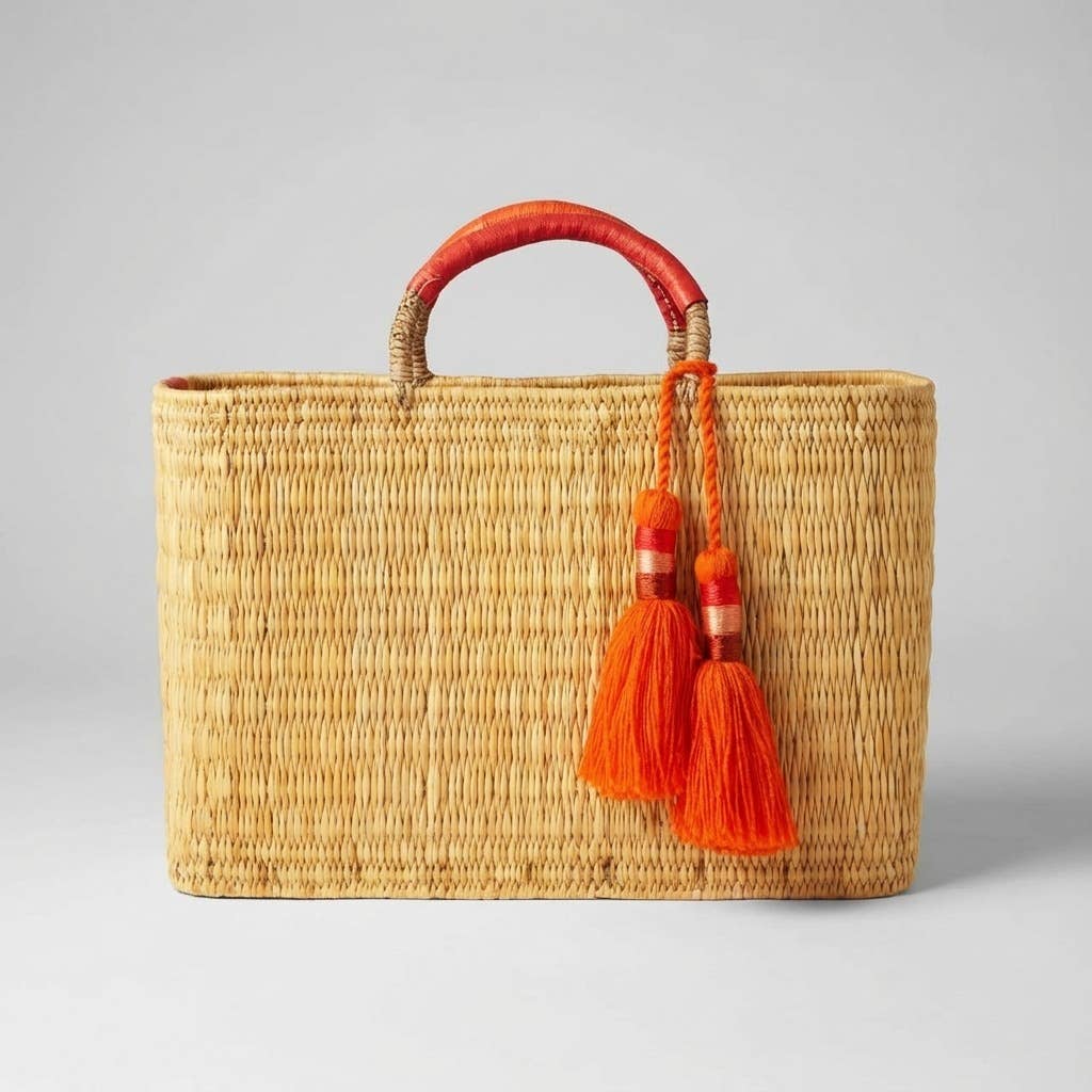 Woven Reed Market Basket - with Orange Leather Handles & Tassels