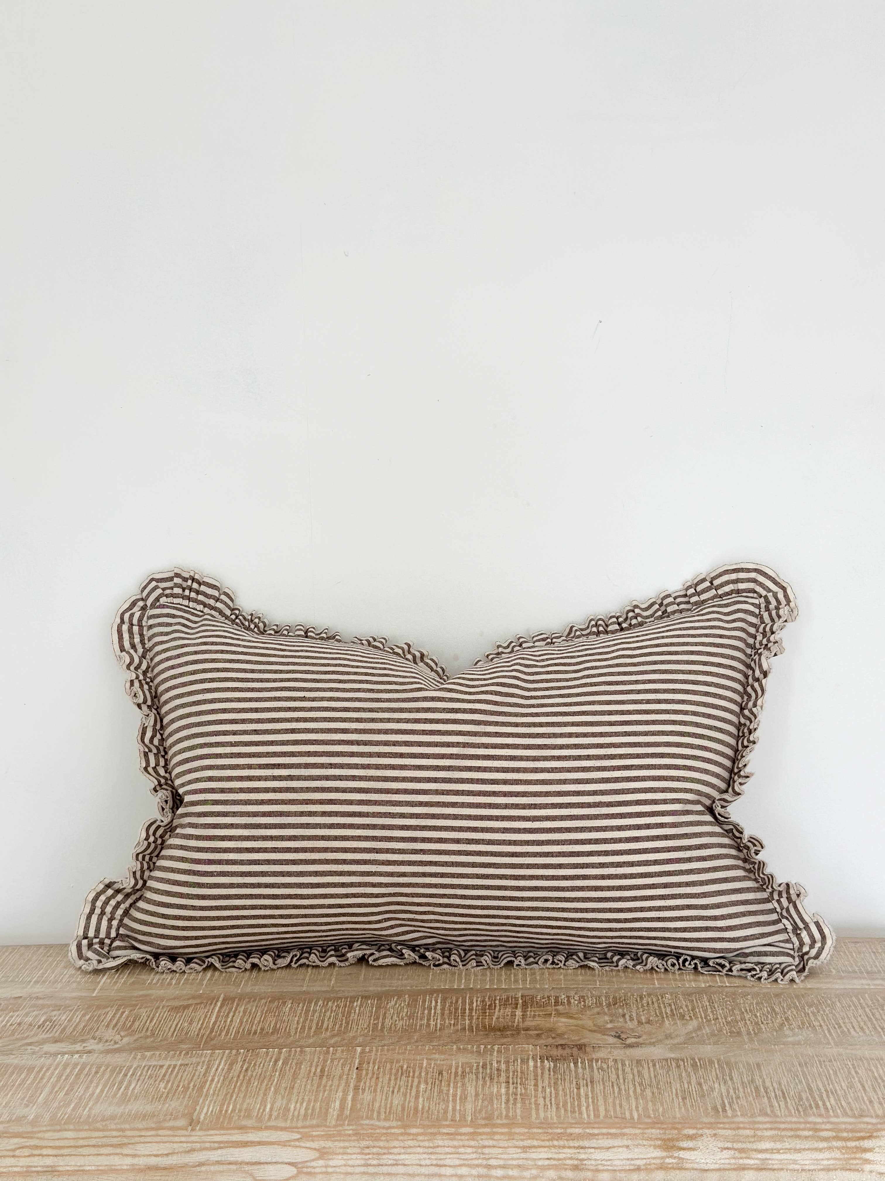 Darcy  Ruffle Cotton Cushion 50x30 – Dark Brown Stripe