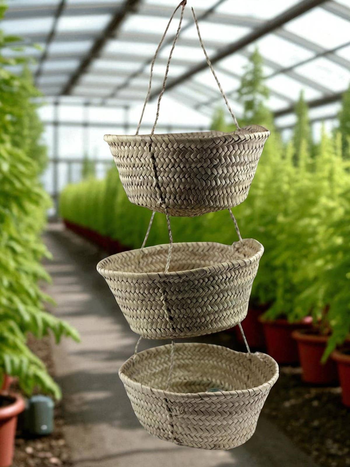 3-Tier Hanging Baskets - Moroccan Palm Leaf Storage Set