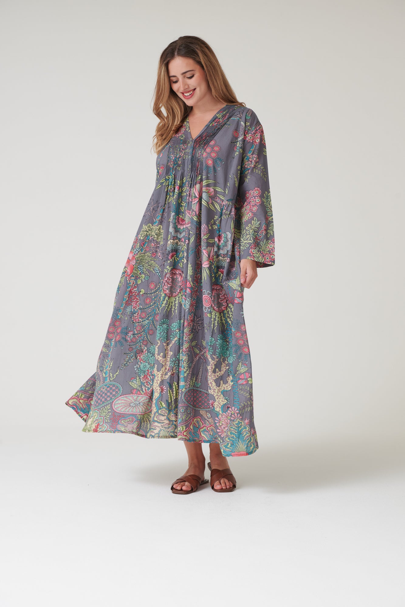 Boho Garden Grey Pinch Pleat Dress by One Hundred Stars