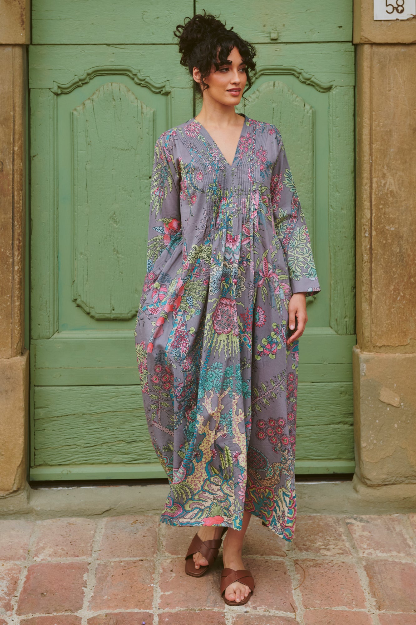 Boho Garden Grey Pinch Pleat Dress by One Hundred Stars