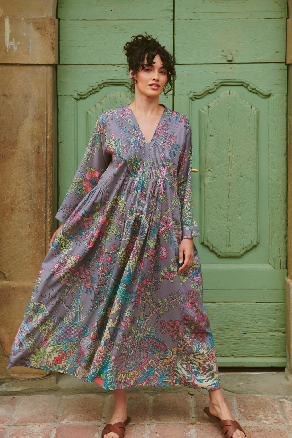 Boho Garden Grey Pinch Pleat Dress by One Hundred Stars