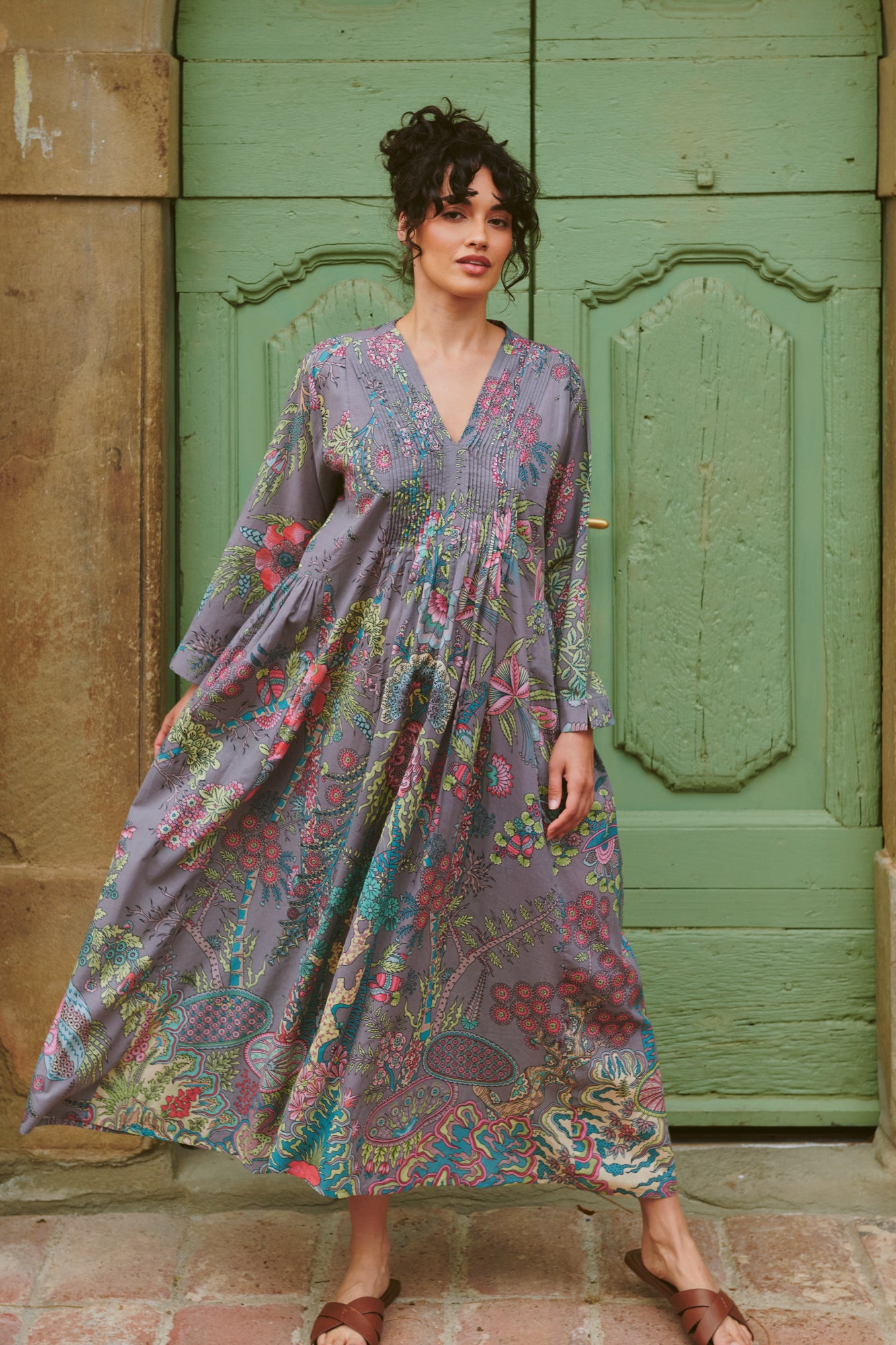 Boho Garden Grey Pinch Pleat Dress by One Hundred Stars