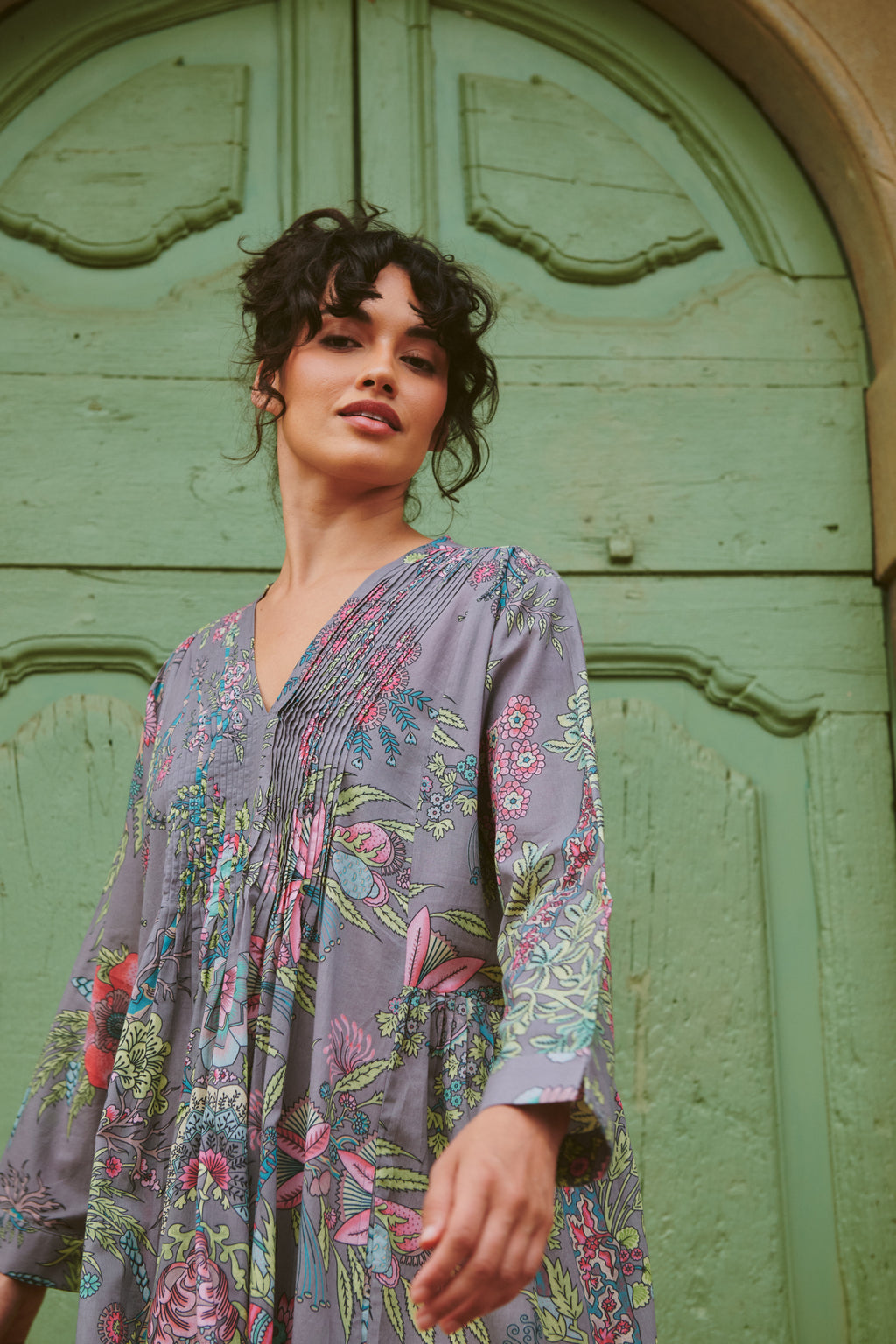 Boho Garden Grey Pinch Pleat Dress by One Hundred Stars