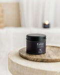Black container labeled 'Eurus' on a wooden surface with a blurred candle in the background