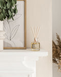 Diffuser bottle on a shelf with a framed artwork and plants in the background
