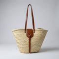 French Market Basket Straw Tote Bag - Leather Handles Summer
