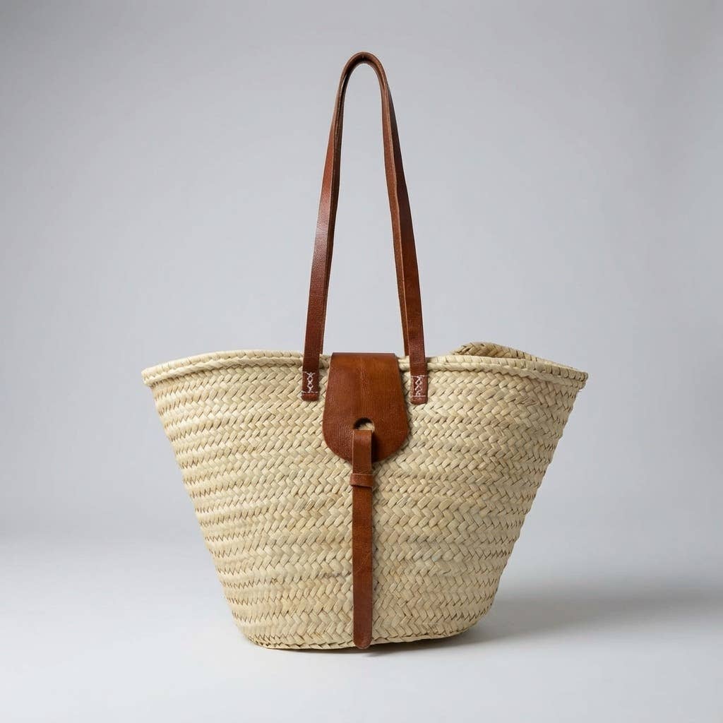 French Market Basket Straw Tote Bag - Leather Handles Summer