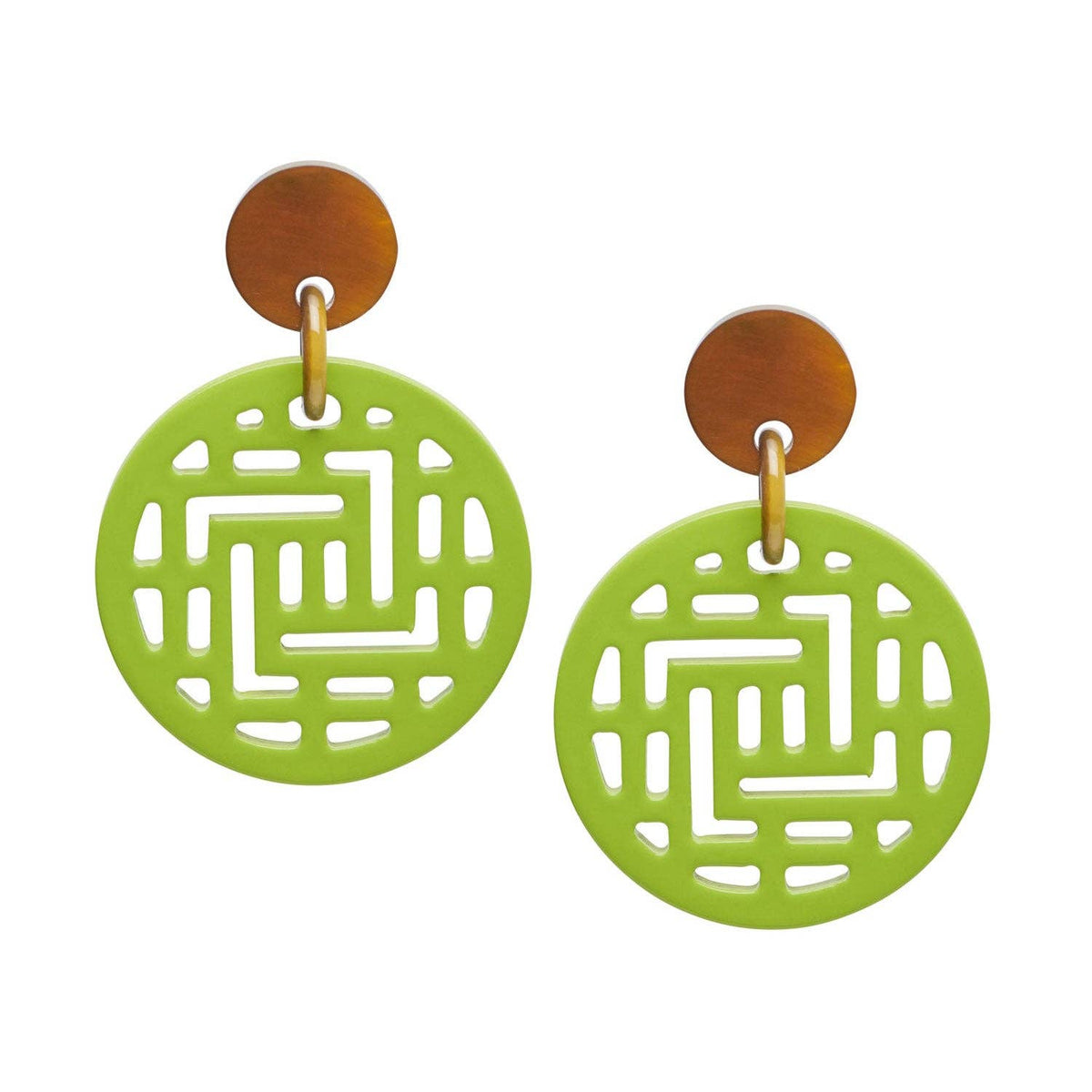 Moko Lime Green Round Geometric patterned Horn Earrings by Branch