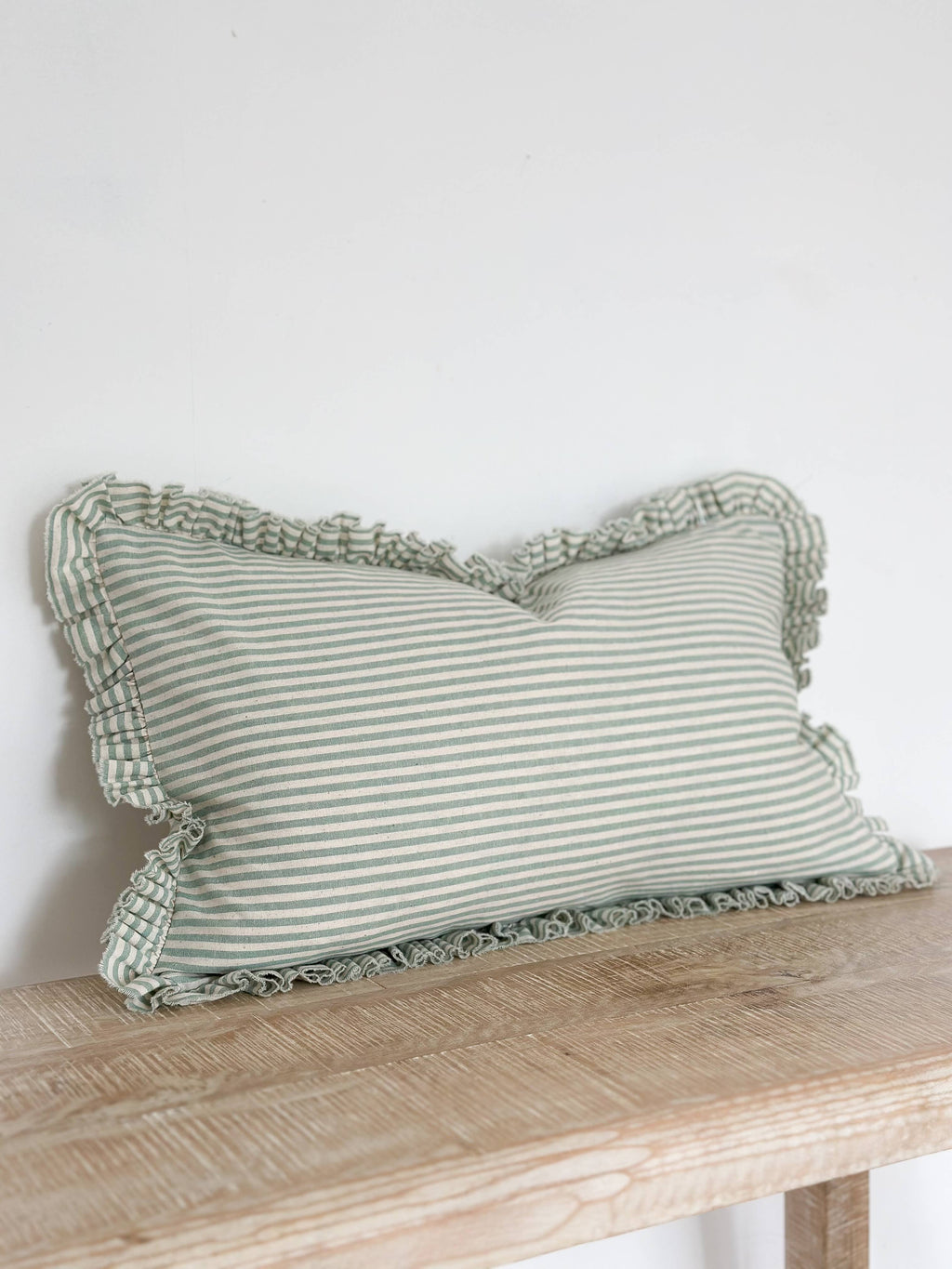 Darcy Ruffle Cotton Cushion 50x30 – Sage Green Stripe