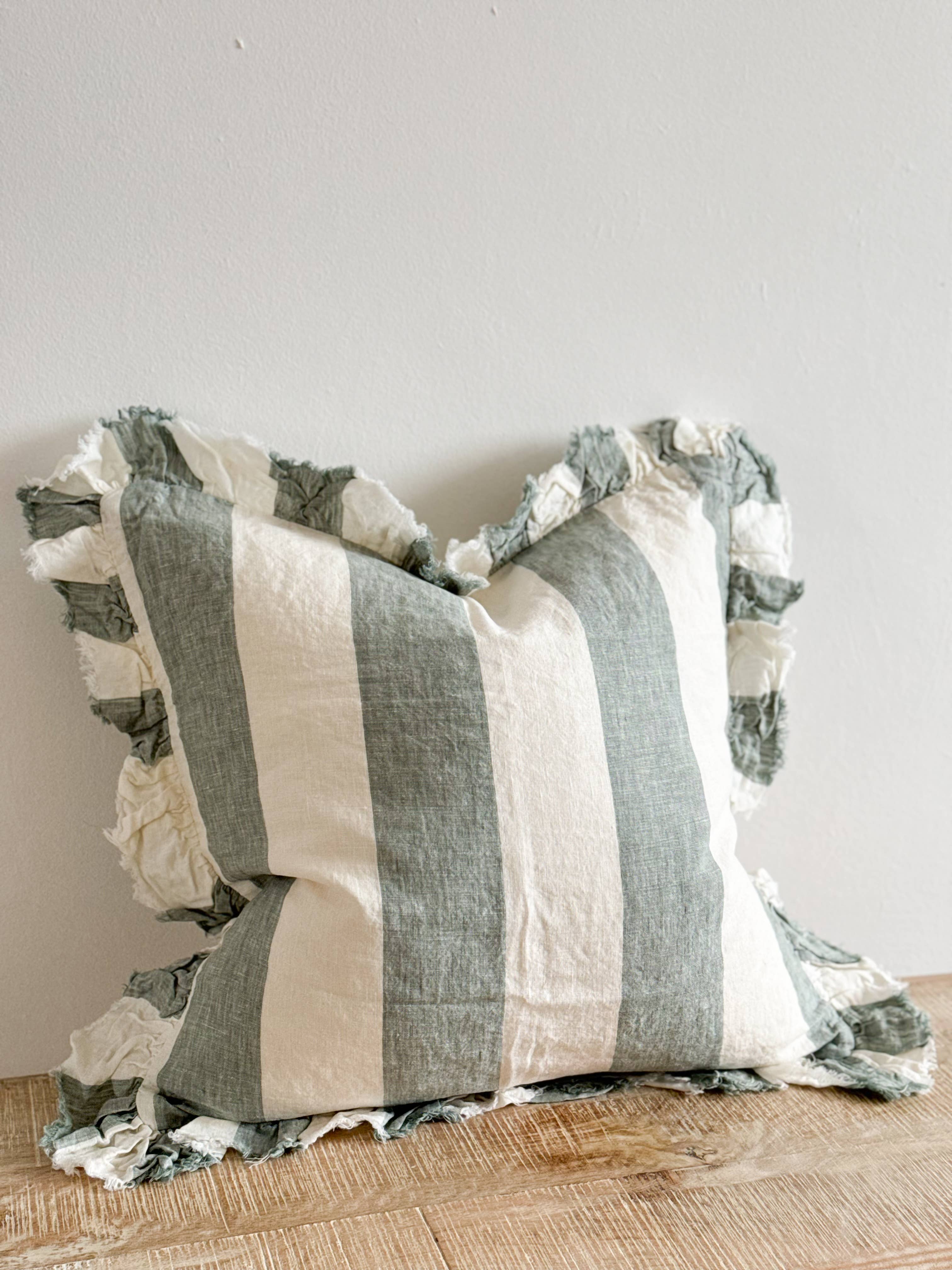 Hallie Ruffled Linen Cushion – Teal Wide Stripe
