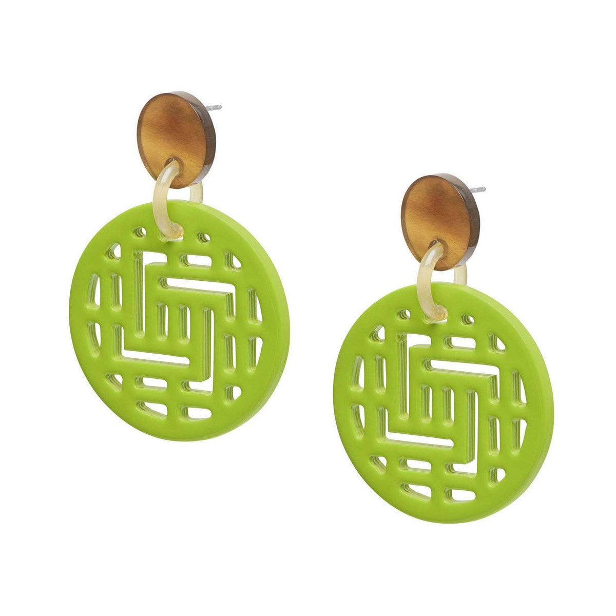 Moko Lime Green Round Geometric patterned Horn Earrings by Branch