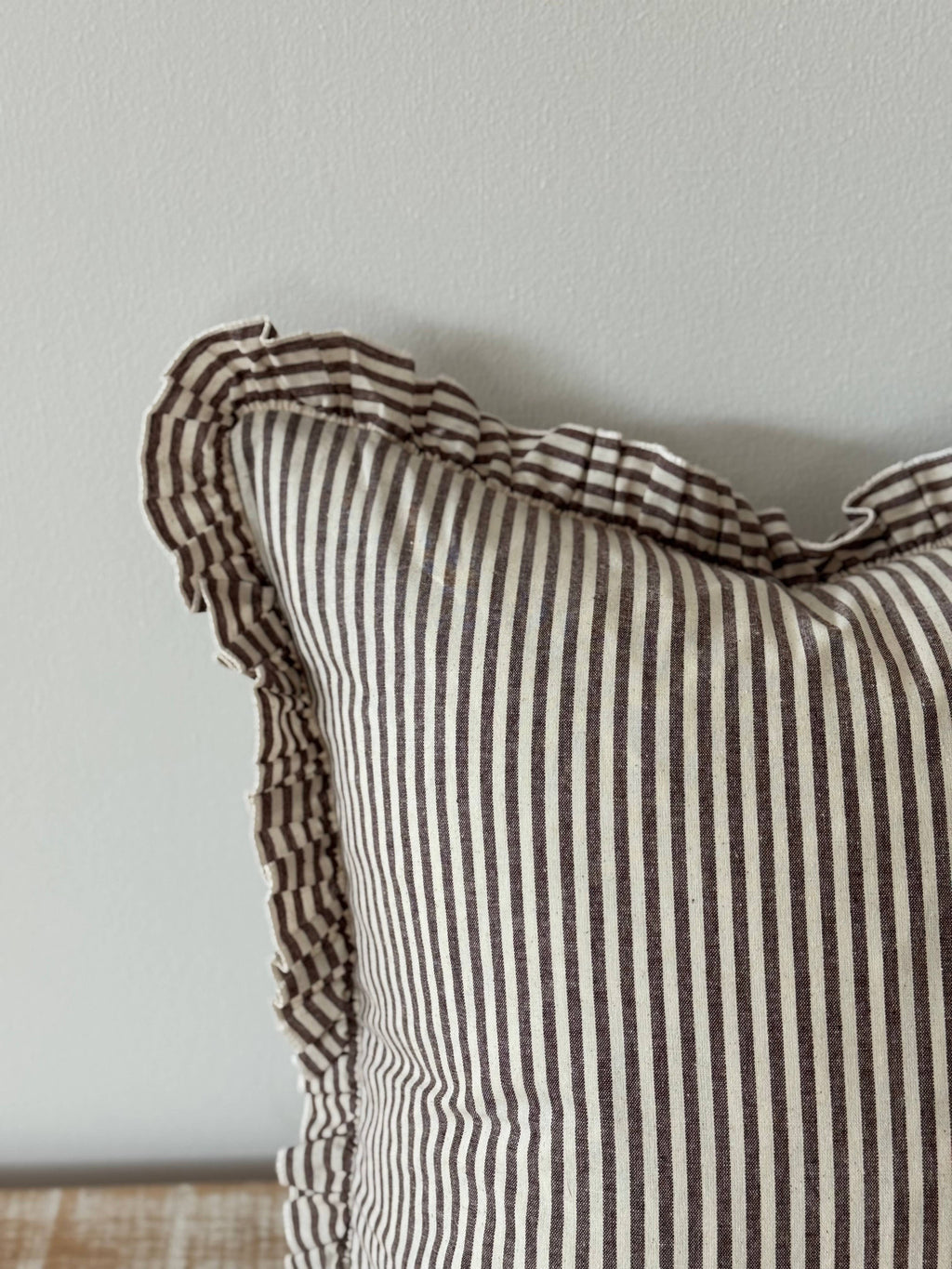 Darcy Ruffle Cotton Cushion 45x45 - Dark Brown Stripe