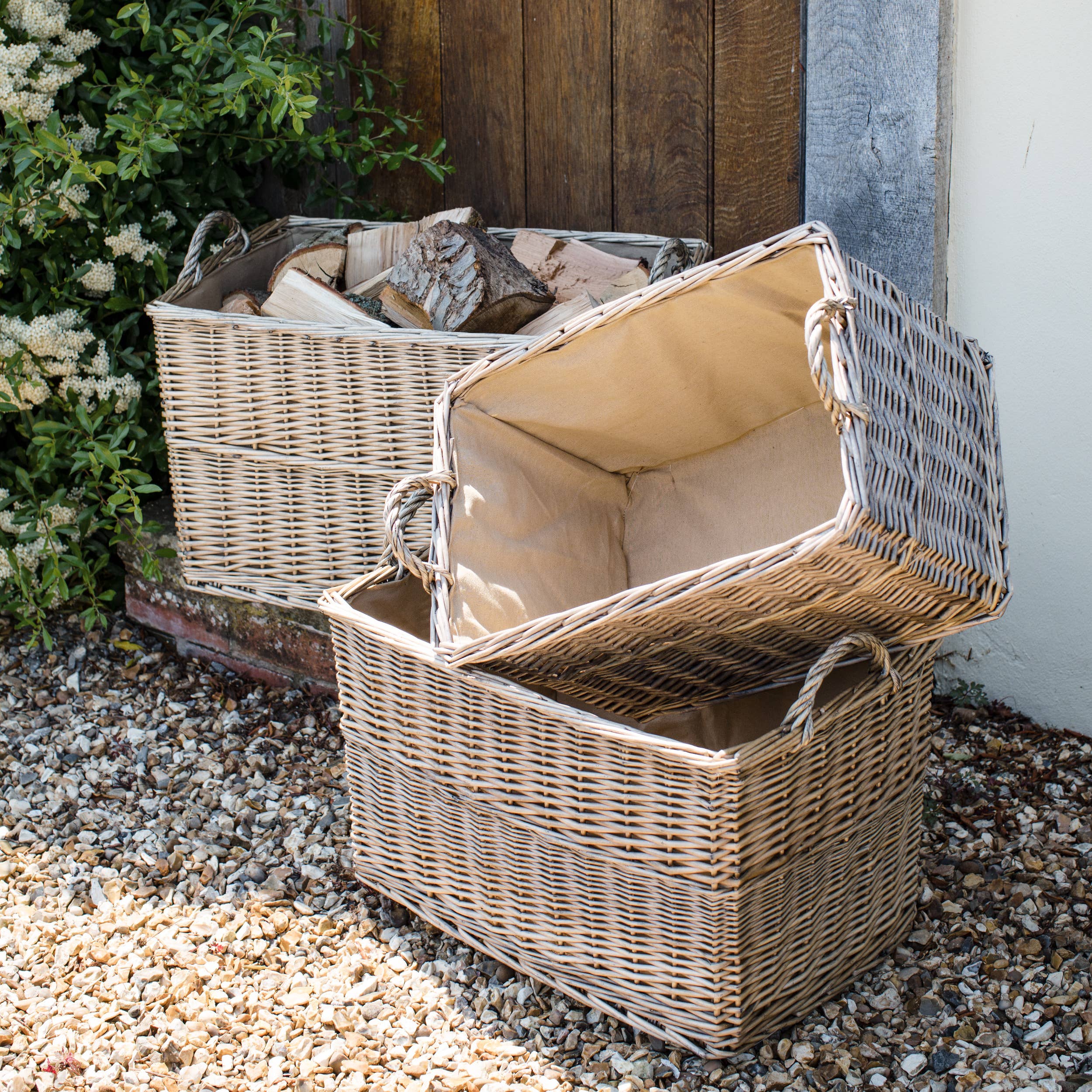 Antique Wash Rectangular Log Basket with Lining