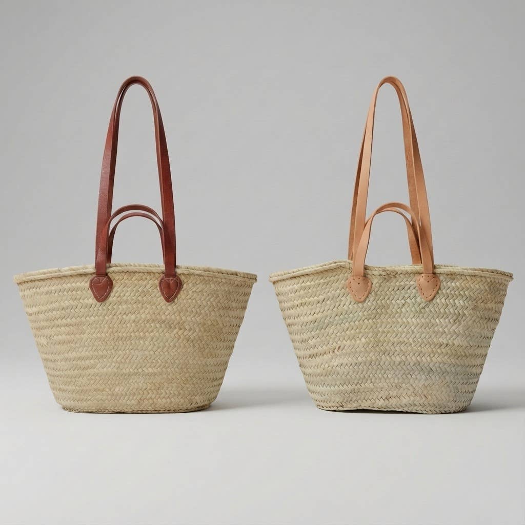 French Market Basket Straw Tote - Double Leather Handles
