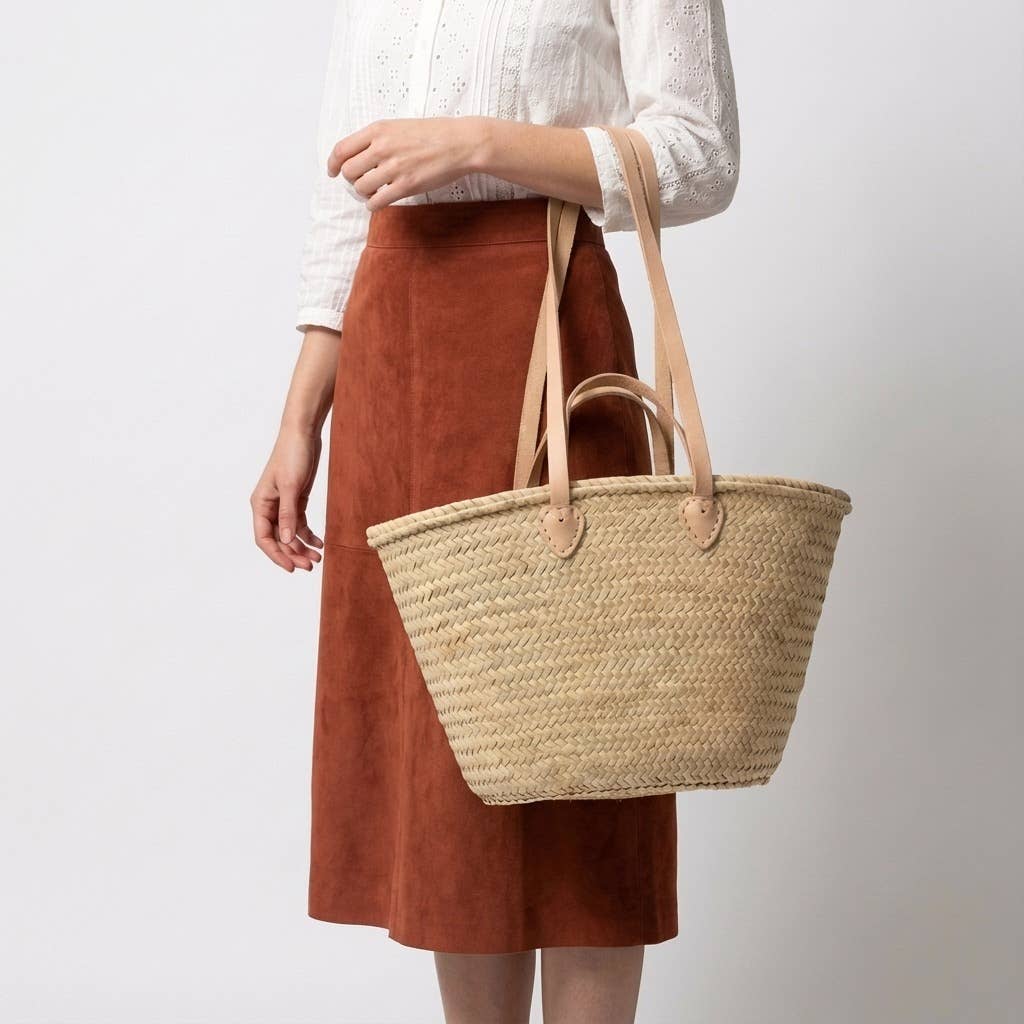 French Market Basket Straw Tote - Double Leather Handles