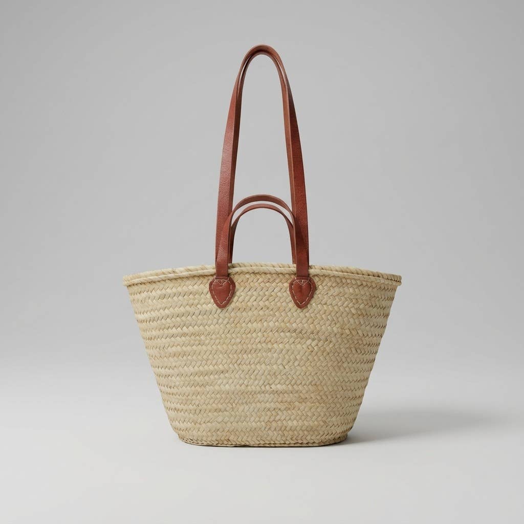 French Market Basket Straw Tote - Double Leather Handles