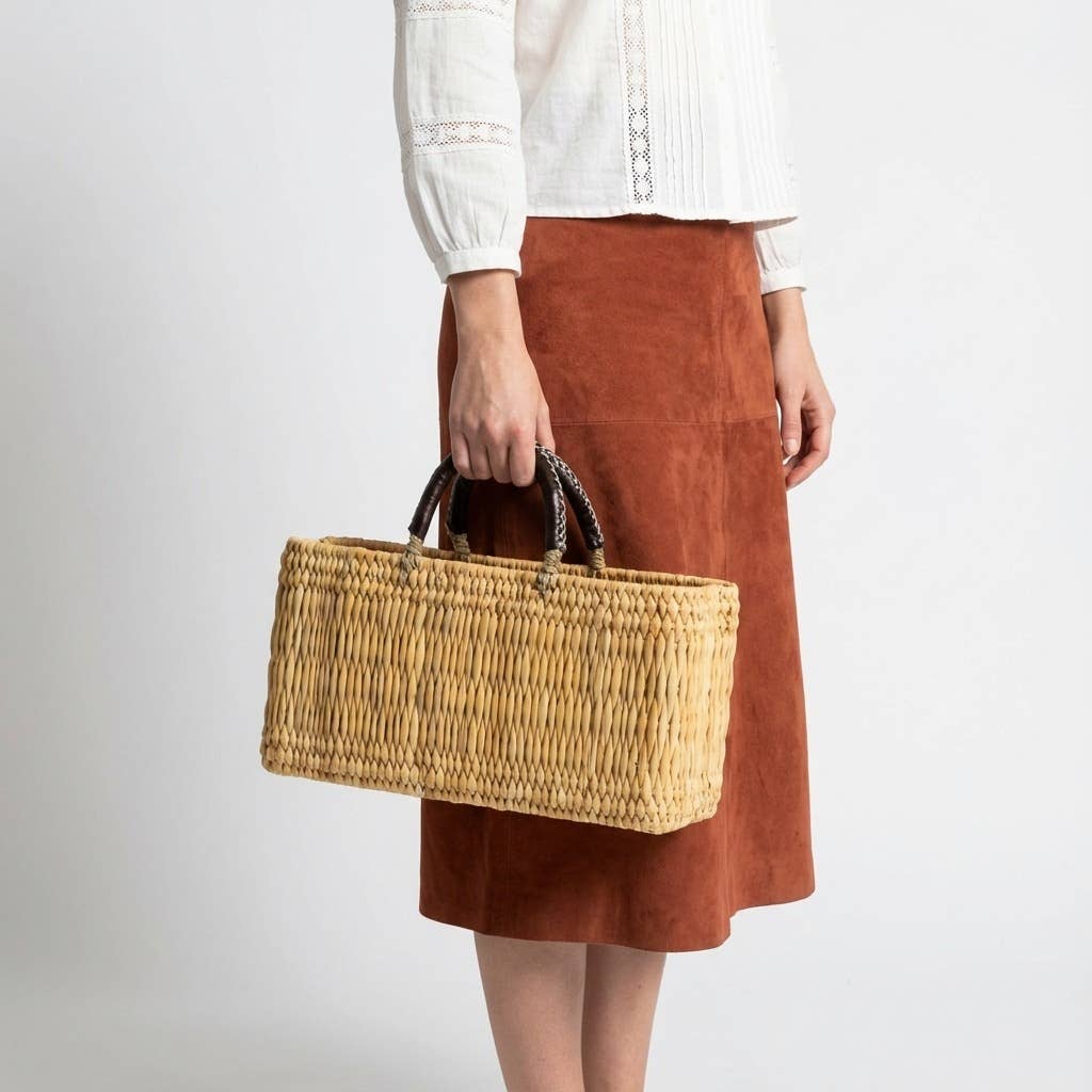 Woven Reed Market Basket - Leather Handle Tote Storage