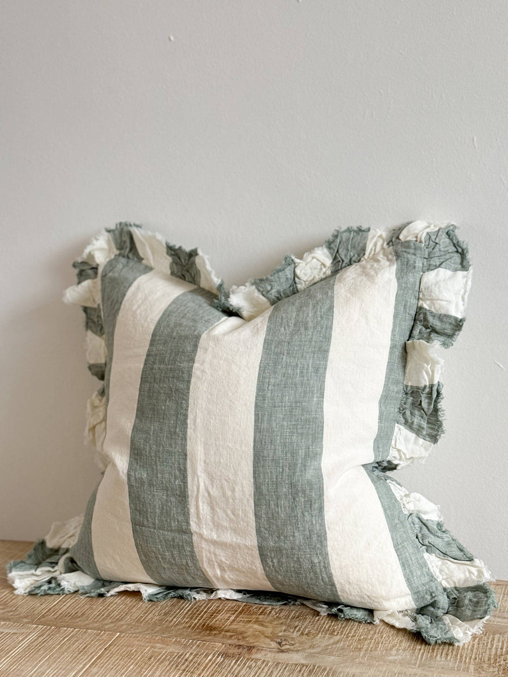 Hallie Ruffled Linen Cushion – Teal Wide Stripe