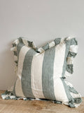Hallie Ruffled Linen Cushion – Teal Wide Stripe