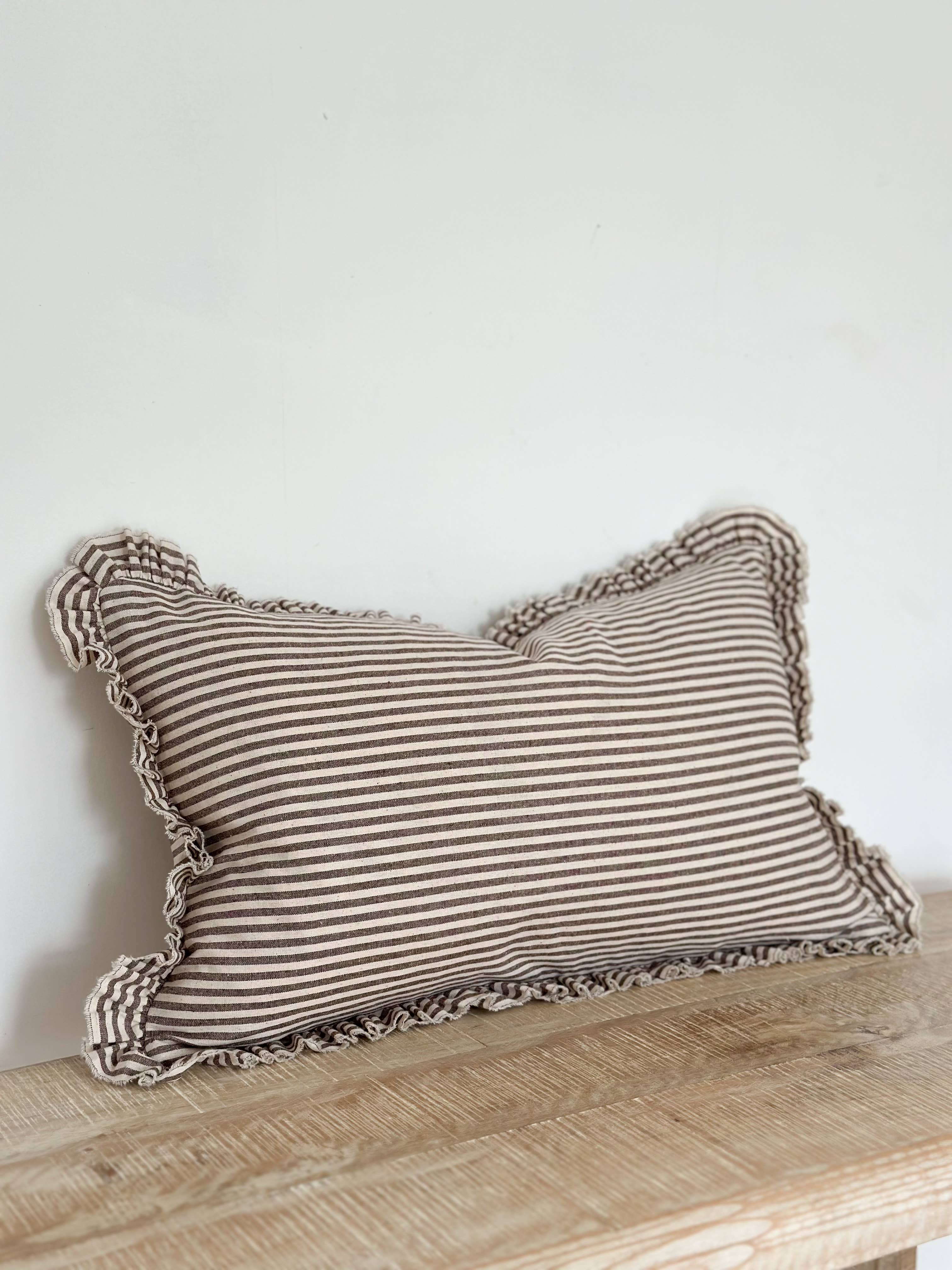 Darcy  Ruffle Cotton Cushion 50x30 – Dark Brown Stripe