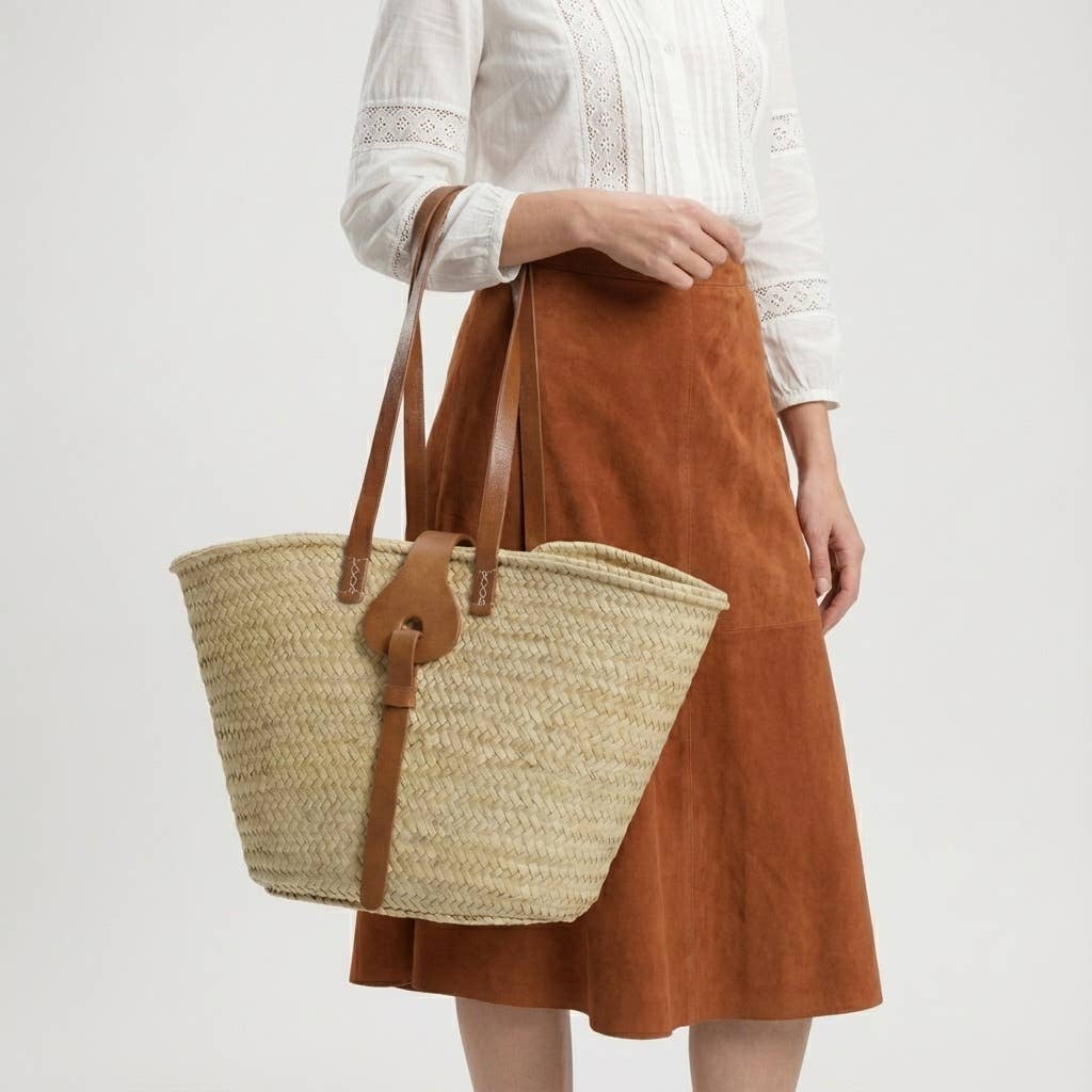 French Market Basket With Leather Strap/Fastener