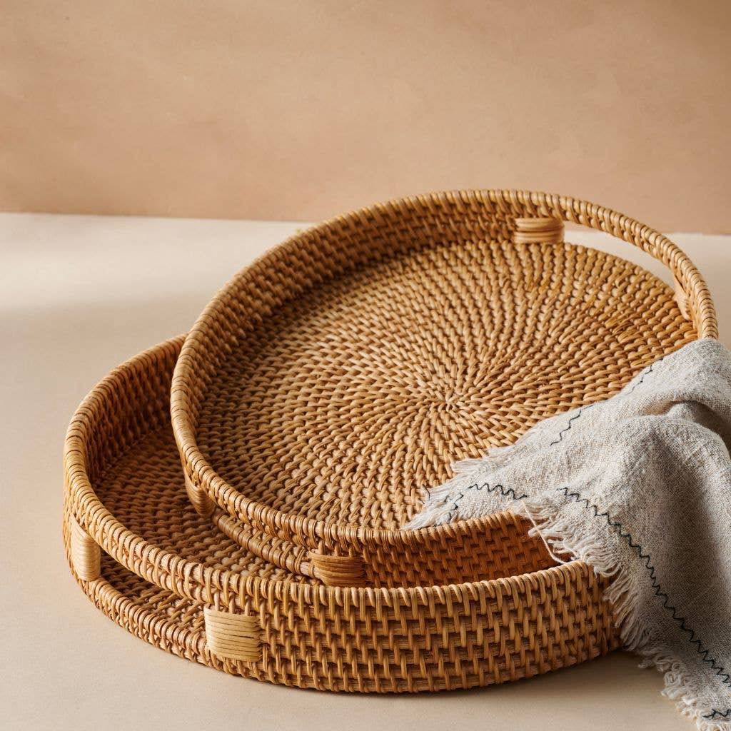 Rattan Trays - Round Hand Woven Wicker Serving Tray Decor