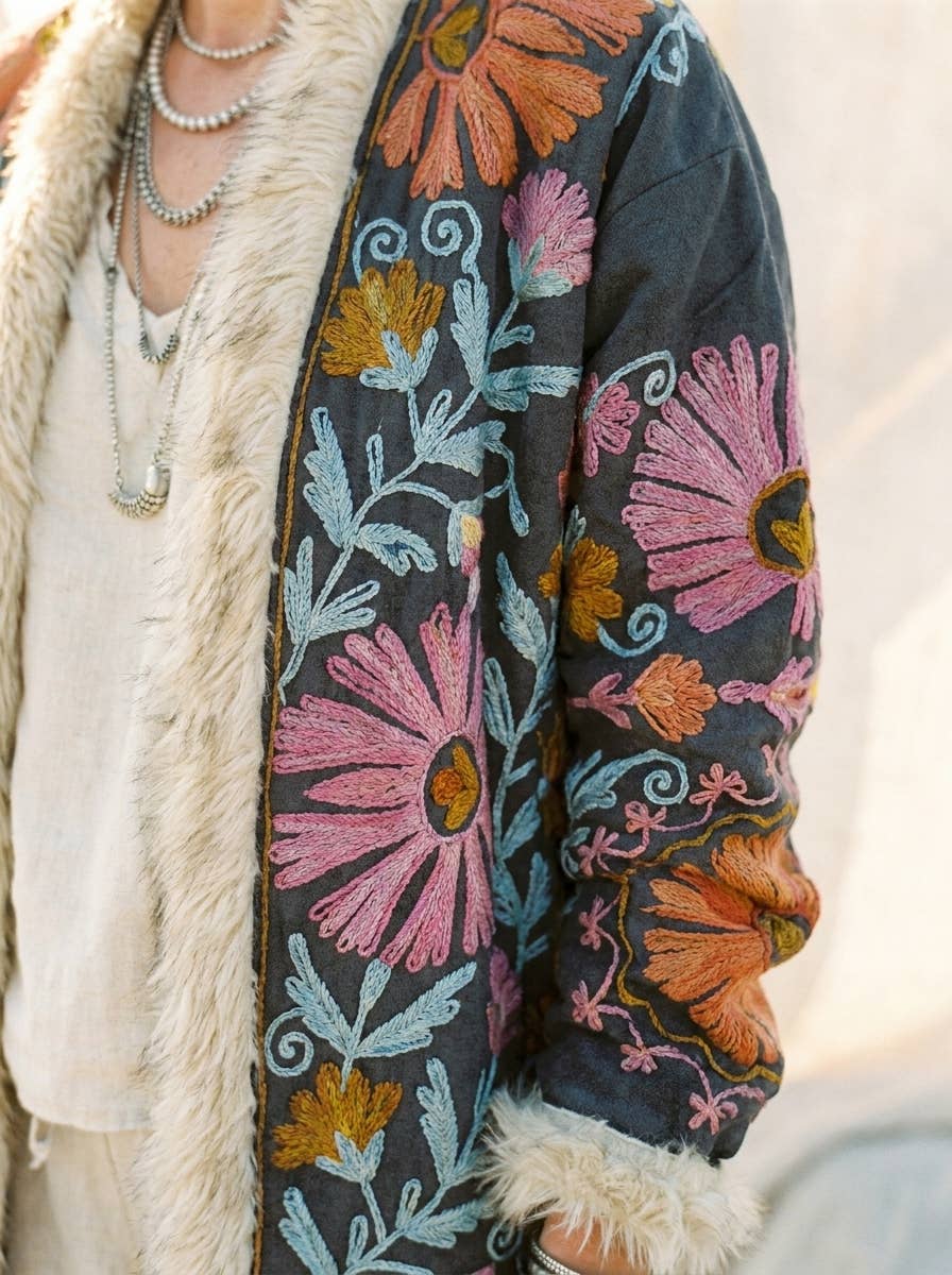 Suzani Embroidered LongCoat Velvet Fur Trim 70s Style Kimono