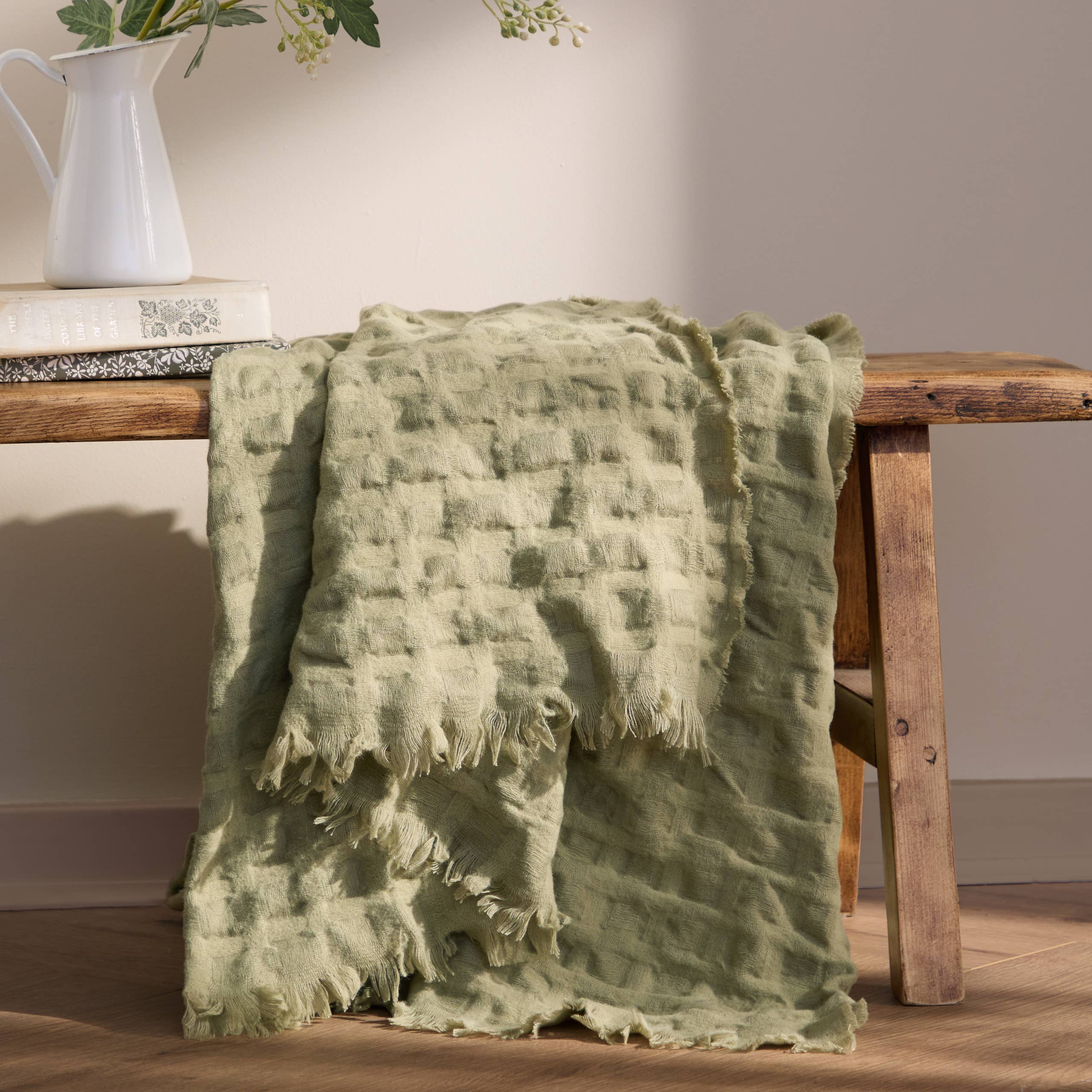 Walton Waffle Fringed Throw Sage