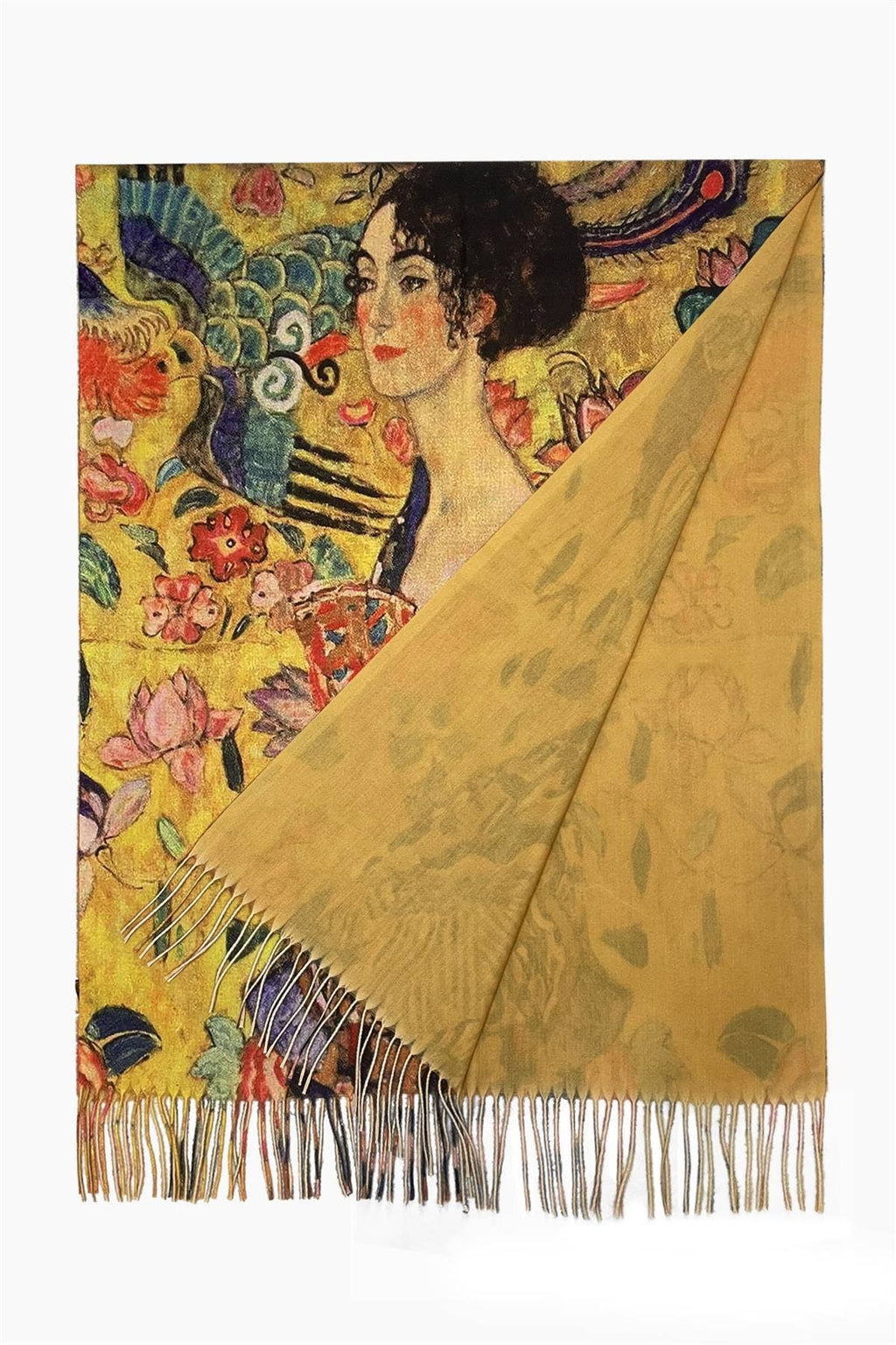 Klimt 'Lady with Fan' Print Wool Tassel Scarf
