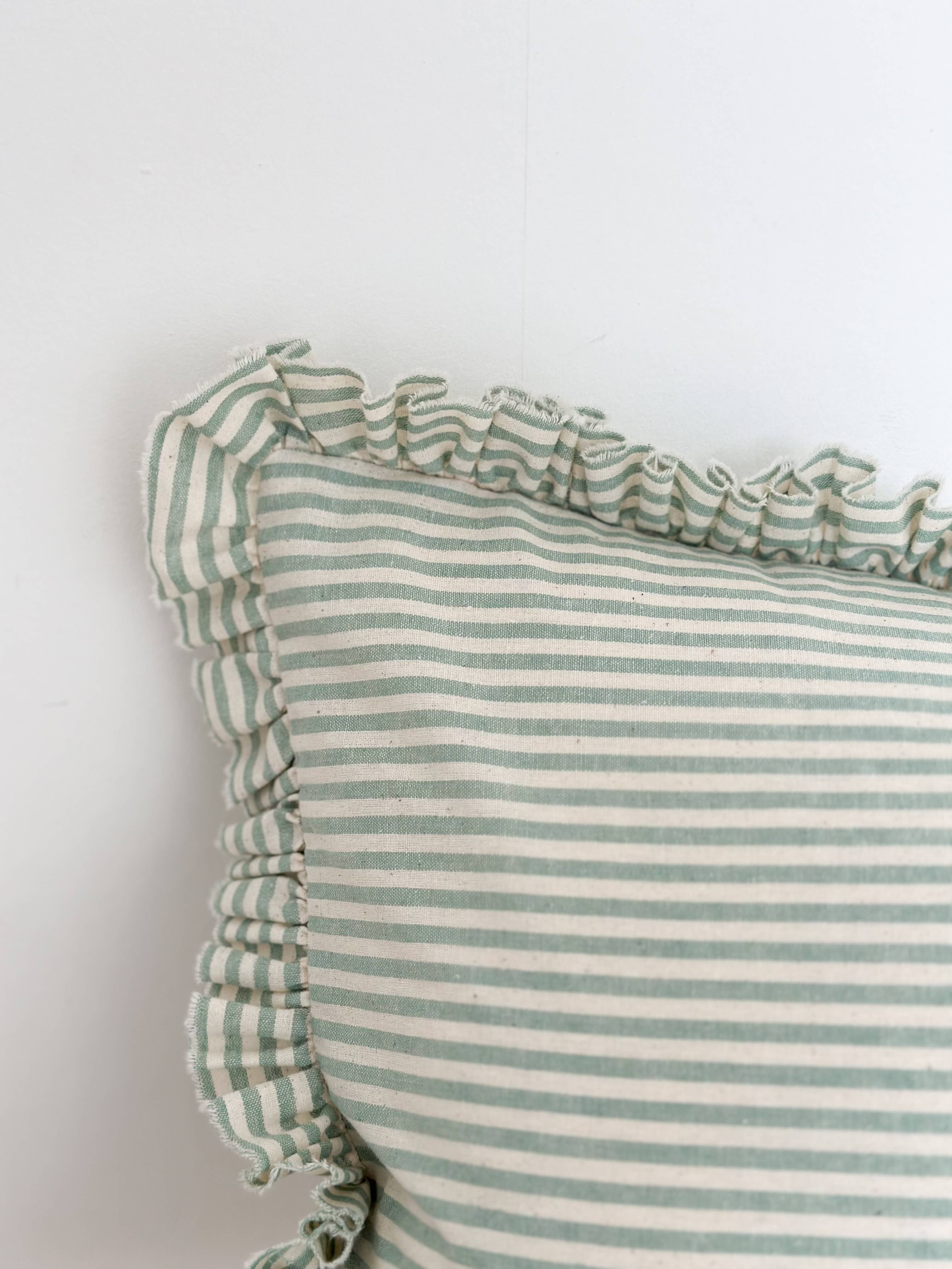 Darcy Ruffle Cotton Cushion 50x30 – Sage Green Stripe