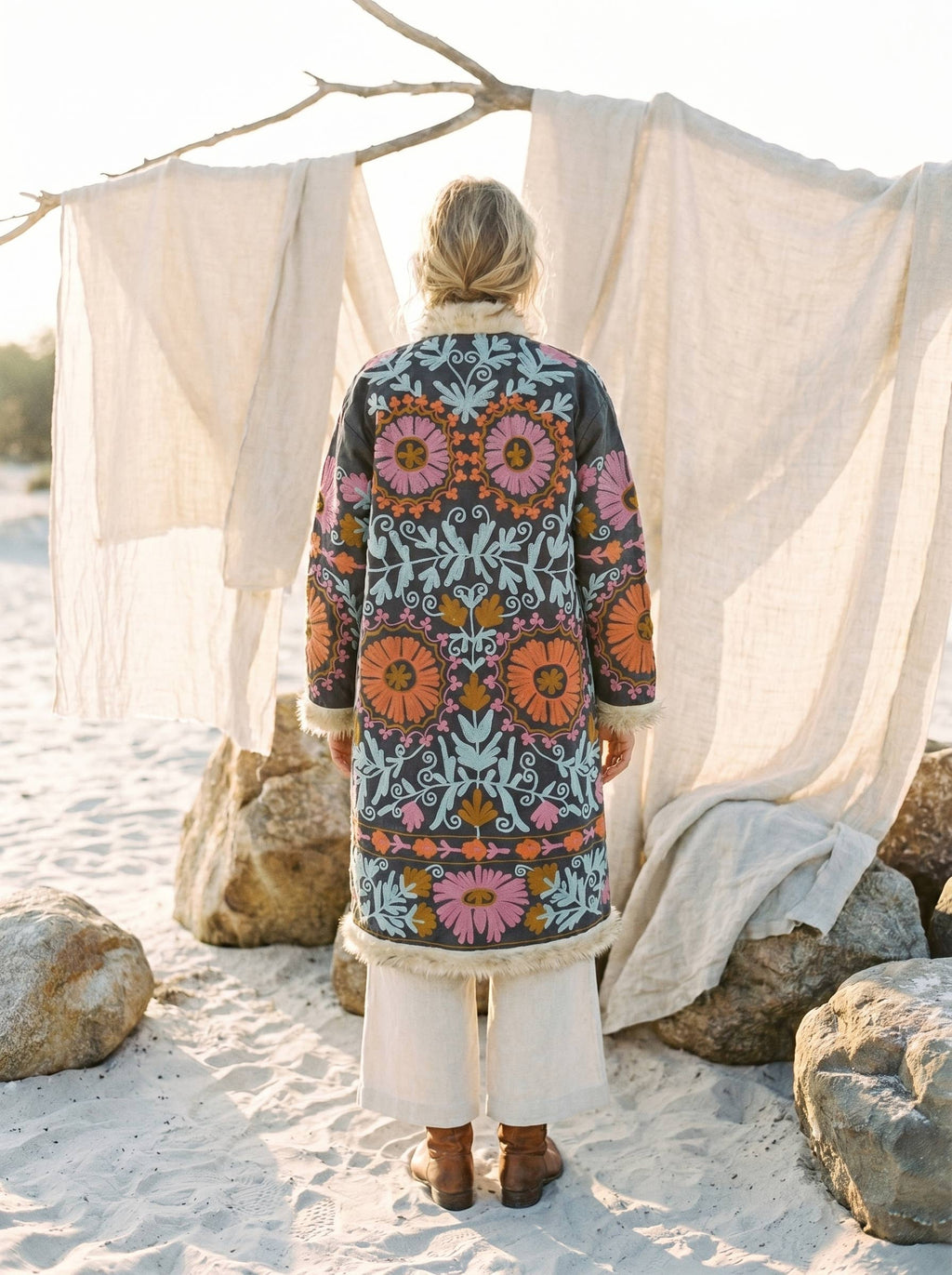 Suzani Embroidered LongCoat Velvet Fur Trim 70s Style Kimono