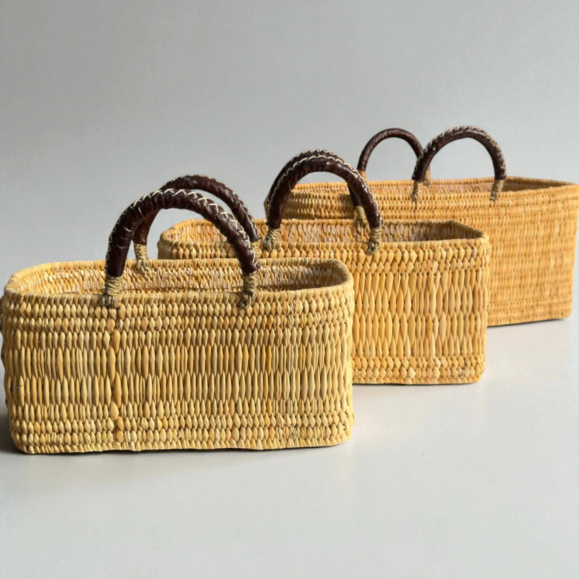 Woven Reed Market Basket - Leather Handle Tote Storage