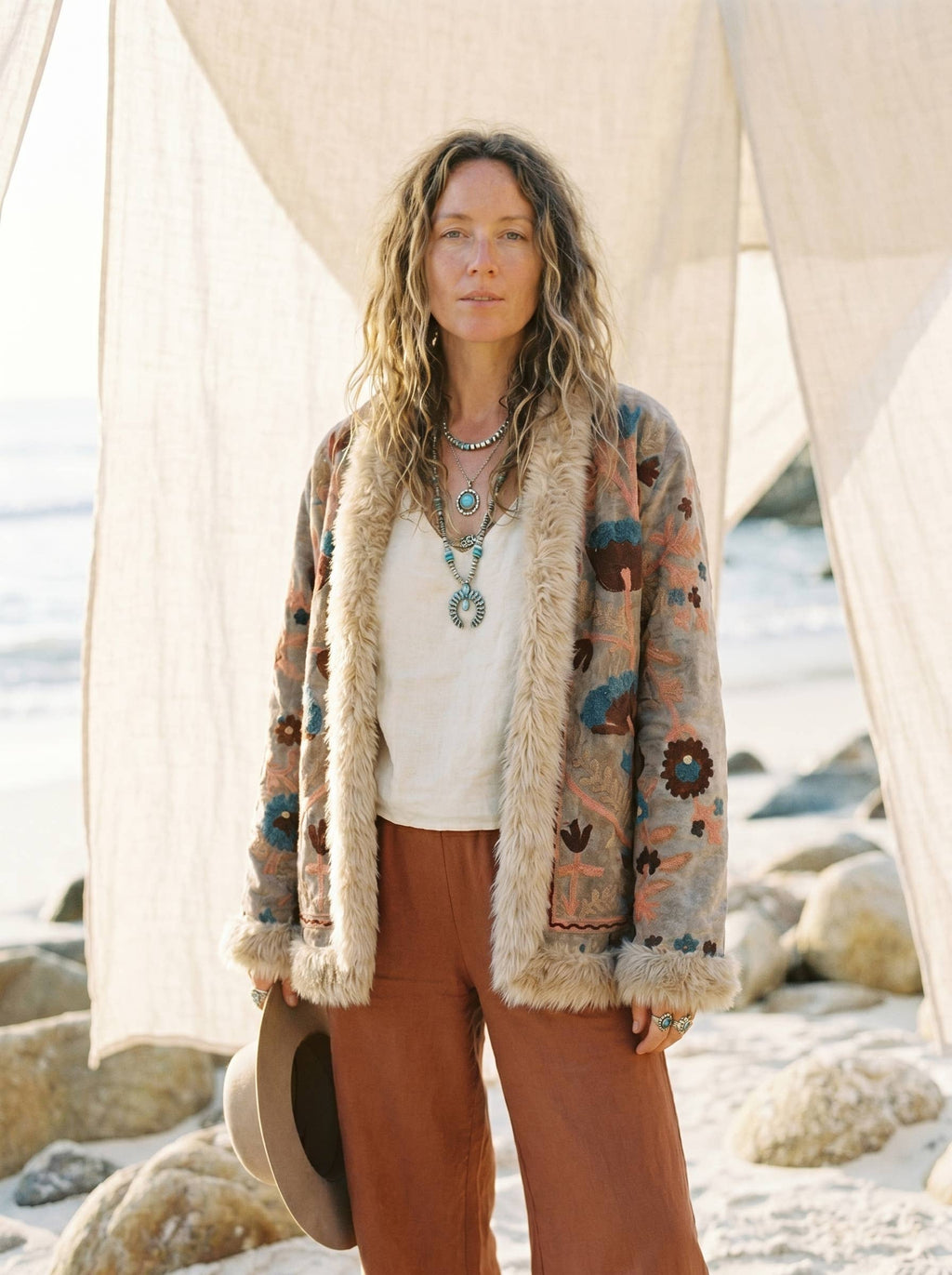 Fur trimmed Boho Suzani Velvet Embroidered Jacket– Stone Grey
